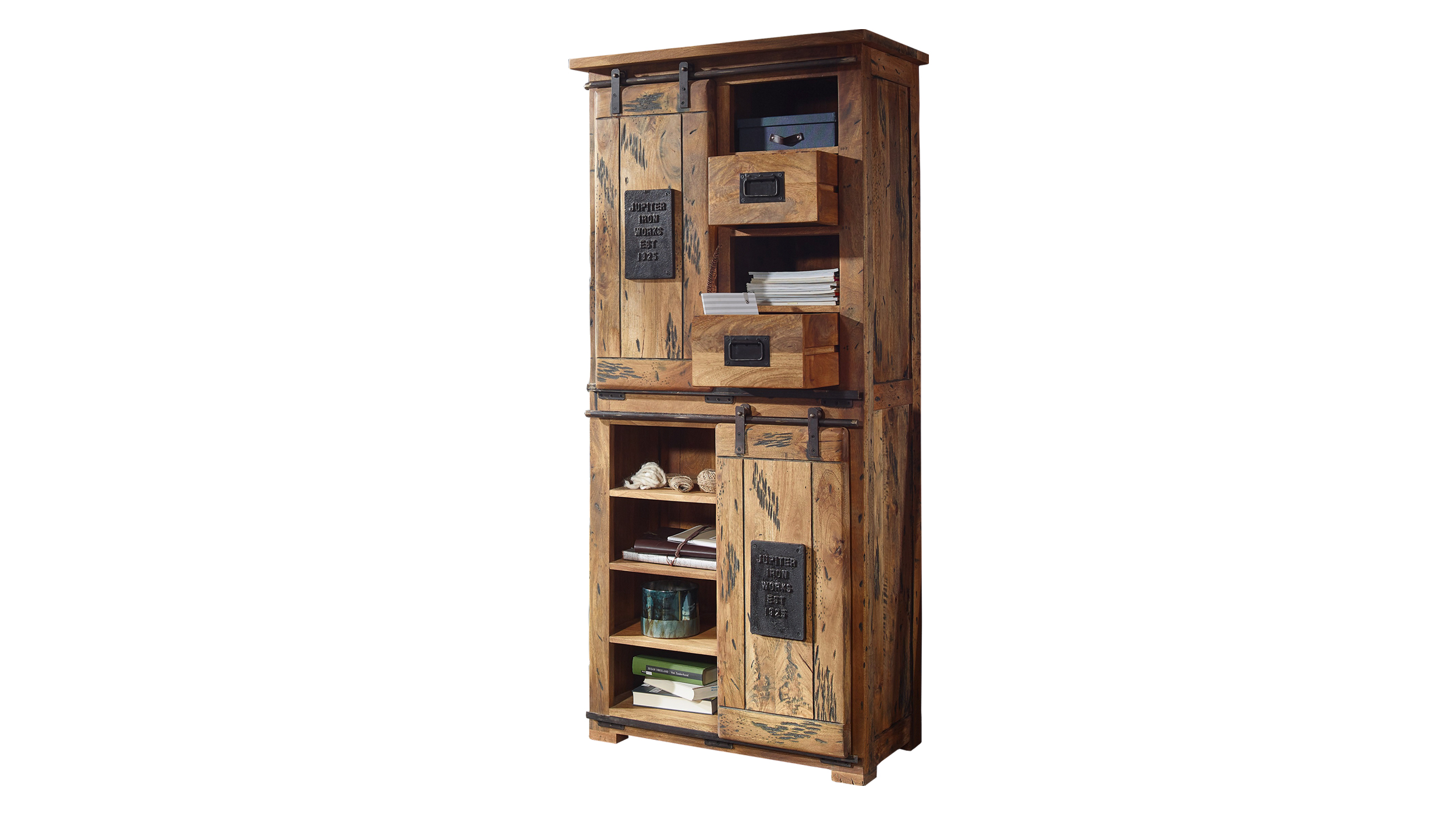 Highboard mit 2 Rolltüren Mango massiv 80 cm - montiert - EMANUEL
