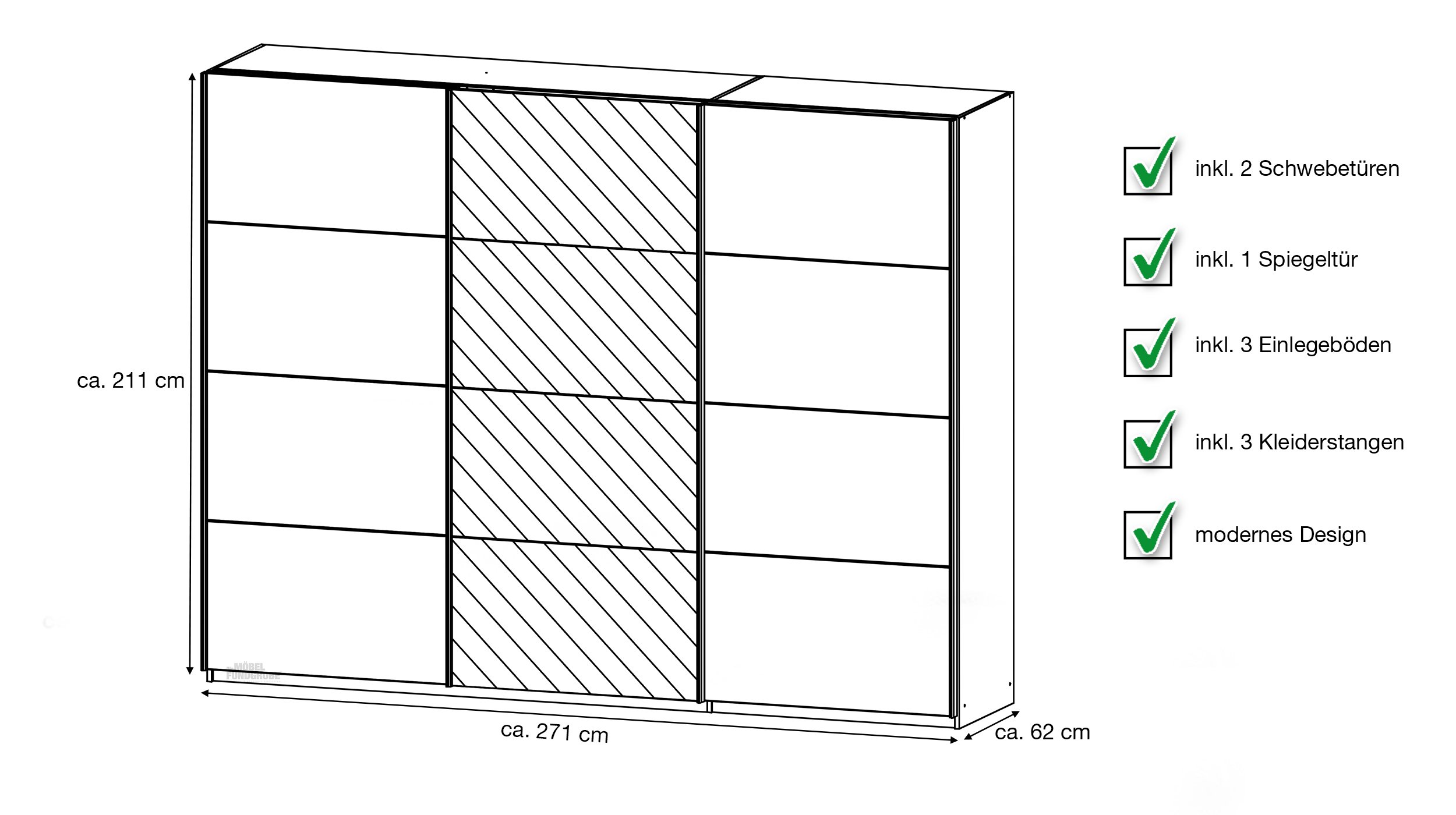 Schwebetürenschrank weiß 271 cm Spiegel - rauch - KULMBACH
