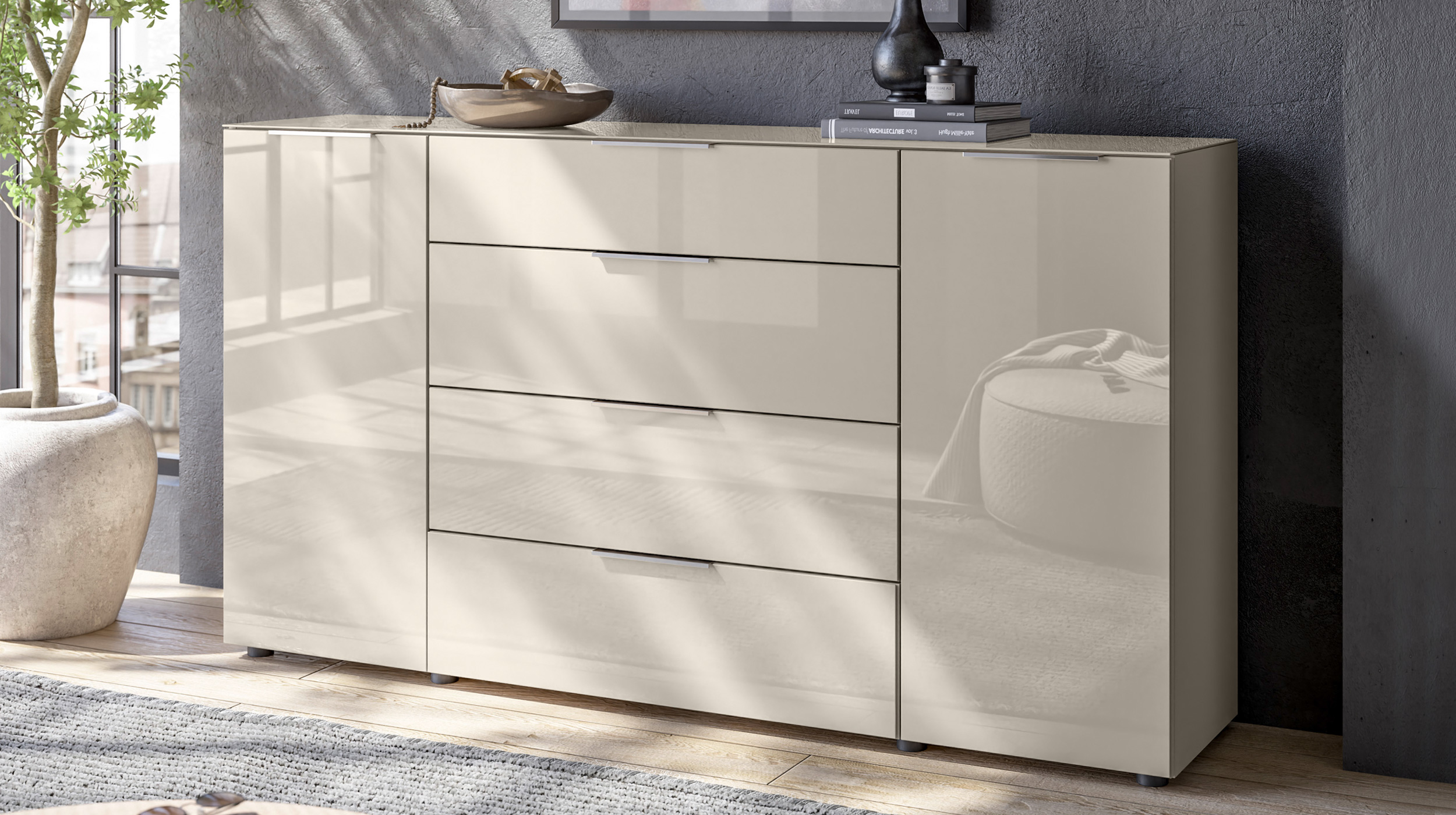 Sideboard 4 Schubladen - beige - Glasfront - 180 cm - SANTORIN