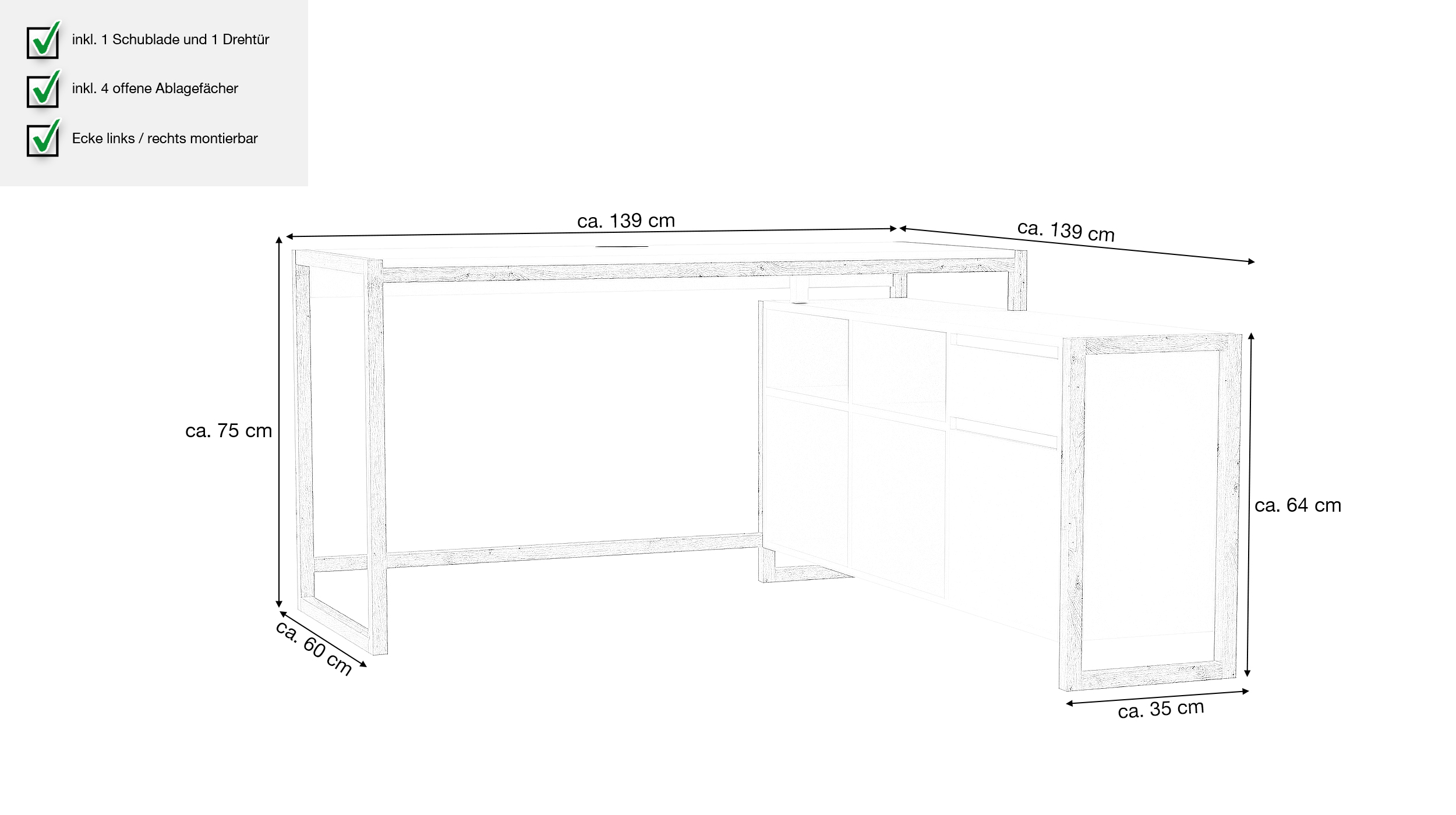 Eck-Schreibtisch Artisan Eiche weiß 139 x 139 cm - DENVER  Eck-Schreibtisch Artisan Eiche weiß 139 x 139 cm - DENVER