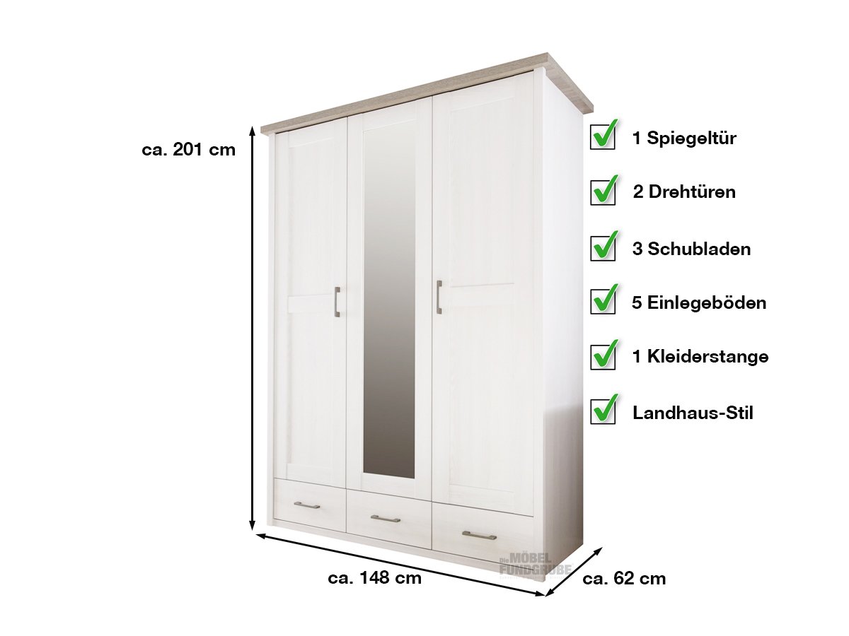 Kleiderschrank mit Spiegel - Pinie - Trüffel -  148 cm - LUCA