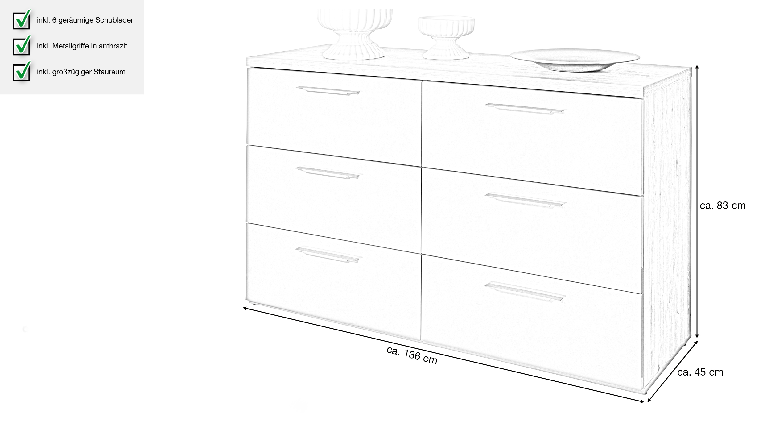 Kommode mit Schubladen grau hochglanz 136 cm - SPOSAMI