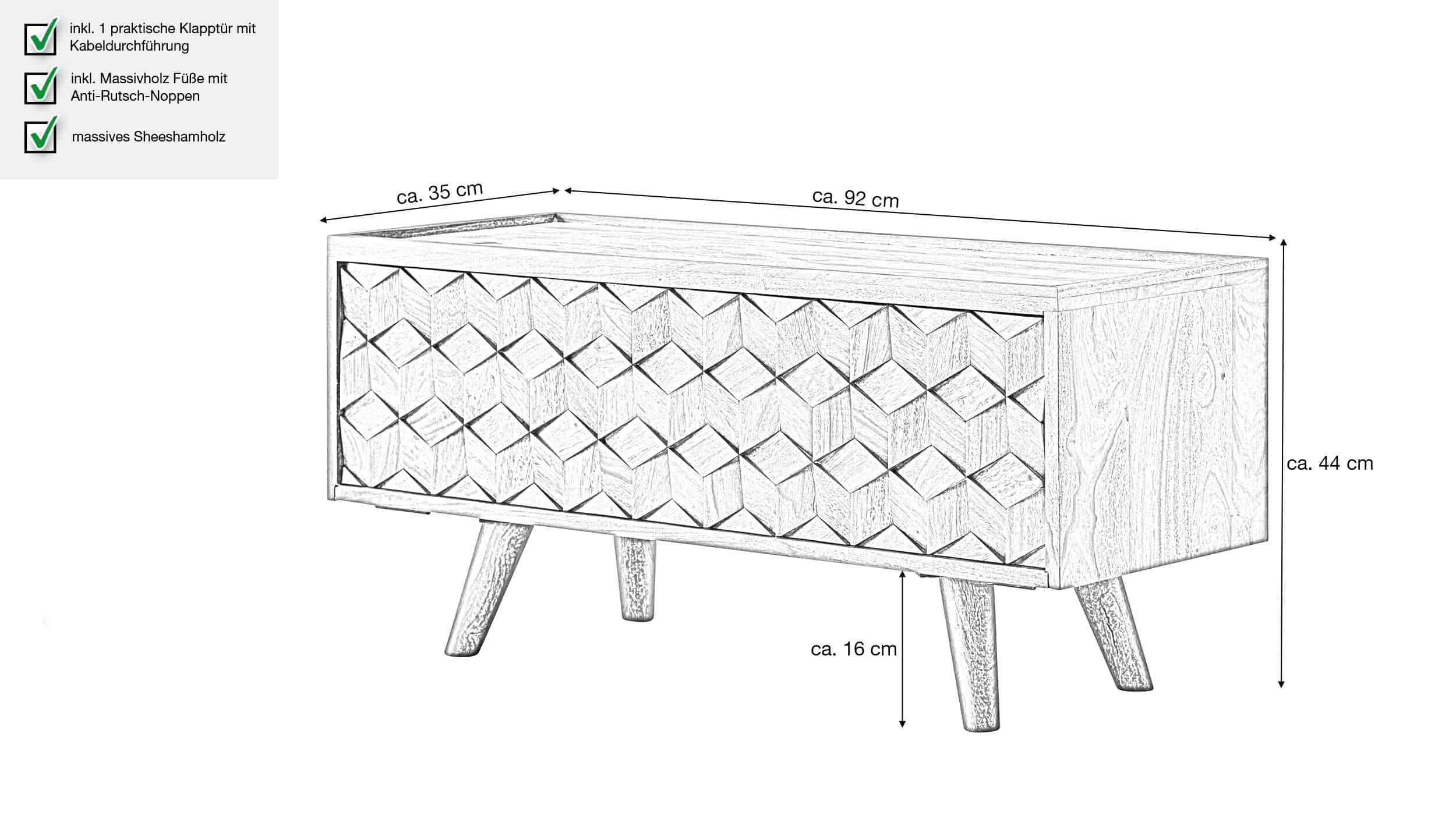TV-Lowboard Sheesham massiv lackiert 92 cm - THIRDA 