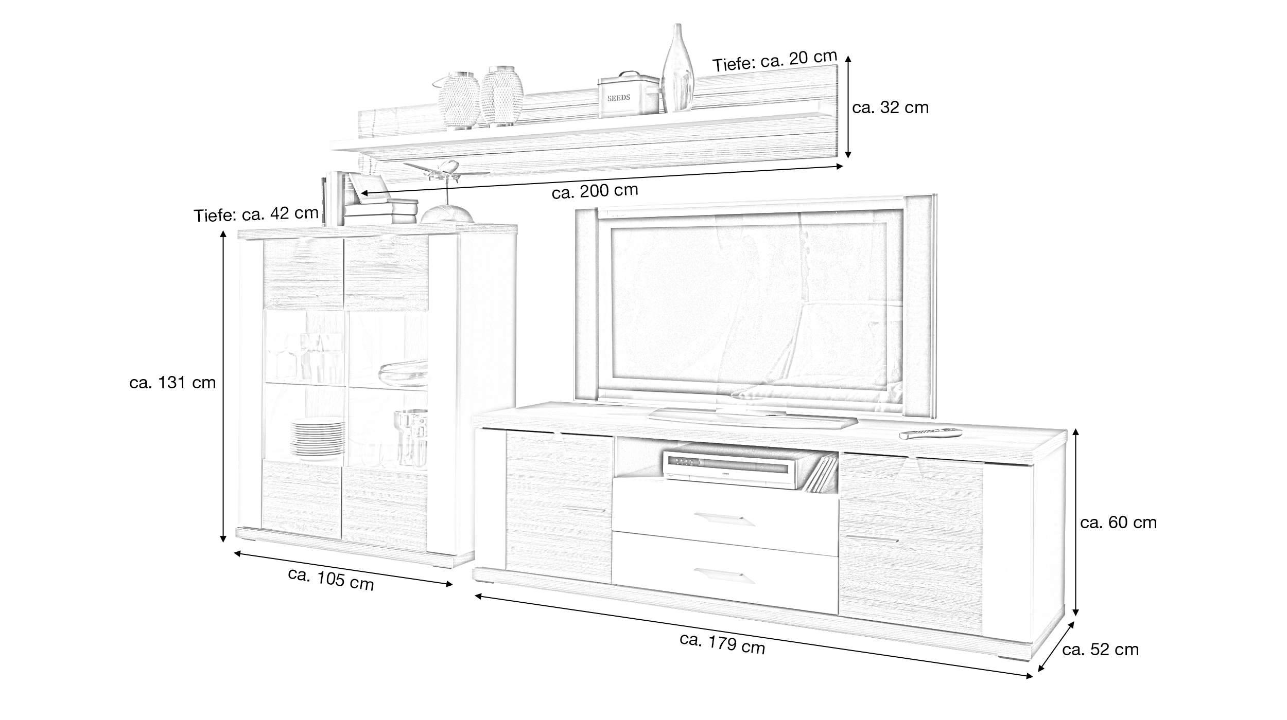 Wohnwand Eiche - weiß hochglanz 294 cm Beleuchtung - MANHATTAN 