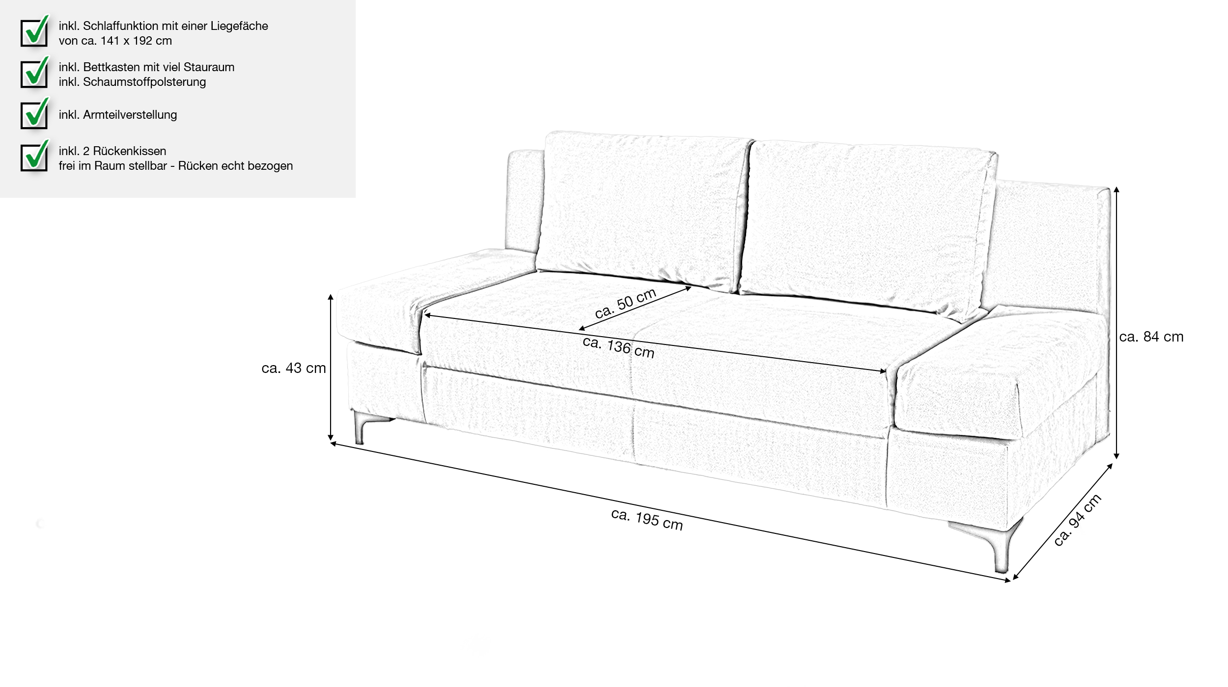 Schlafsofa mit Bettkasten hellgrau 195 x 94 cm - PIT