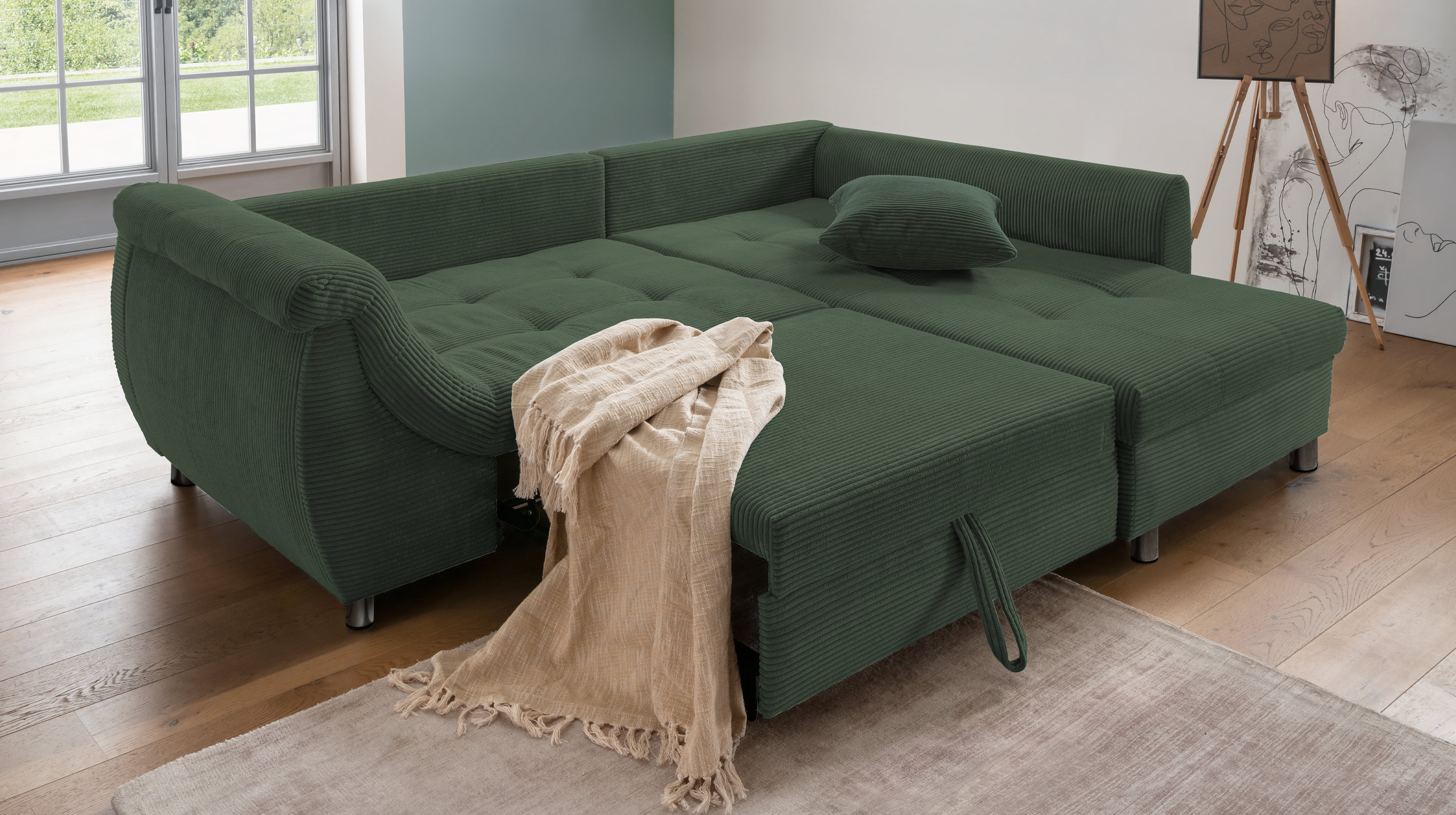 Ecksofa Cord grün Schlaffunktion Bettkasten OT rechts - LUNARO