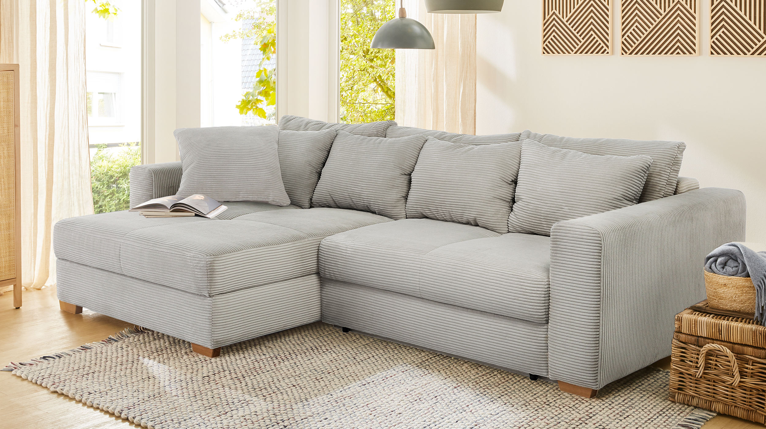 Ecksofa Cord grau-beige Schlaffunktion Bettkasten 288 x 186 cm - KAMPEN