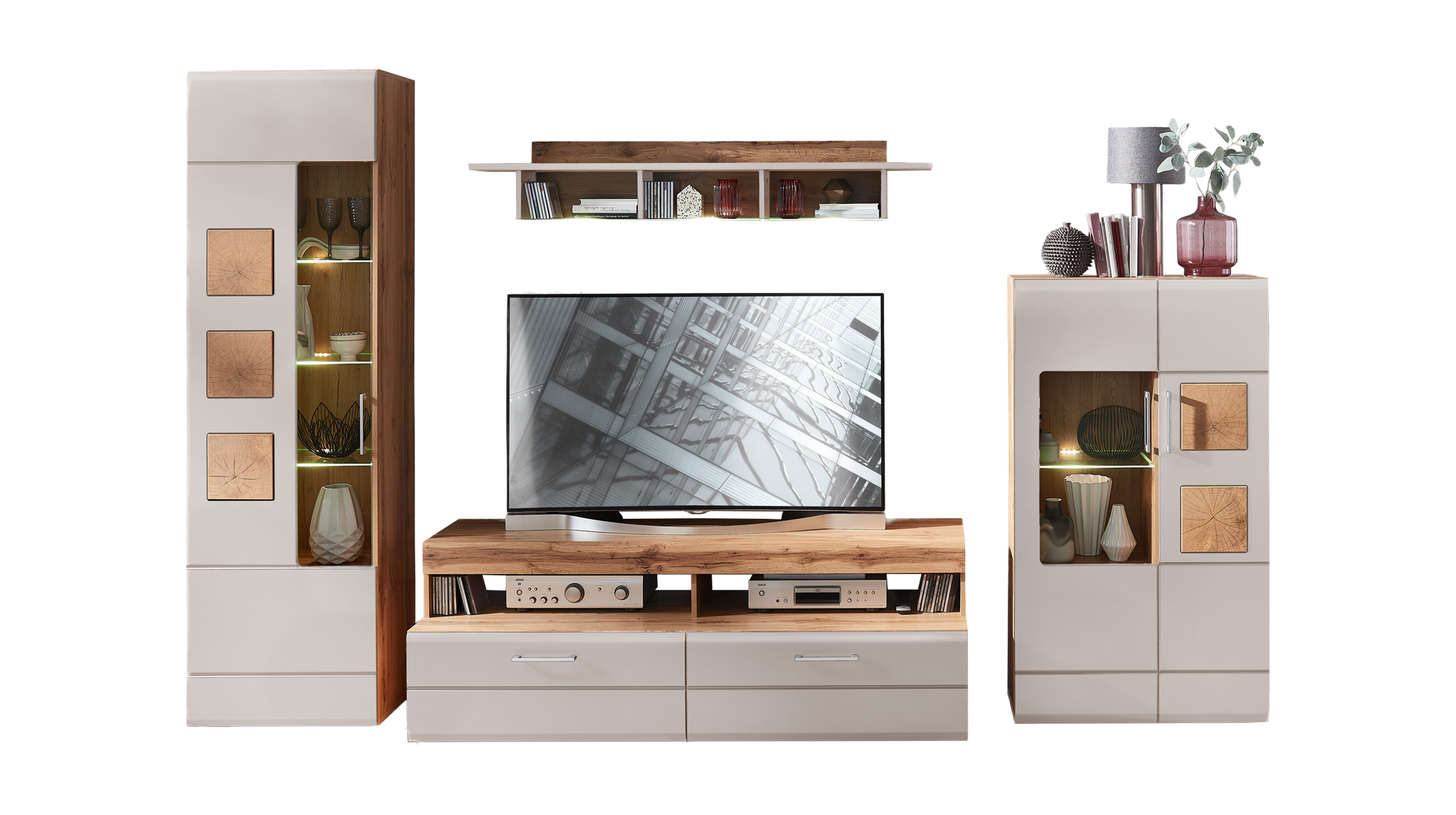 Wohnwand beige Eiche 340 cm - LED-Beleuchtung - SINFONIE 