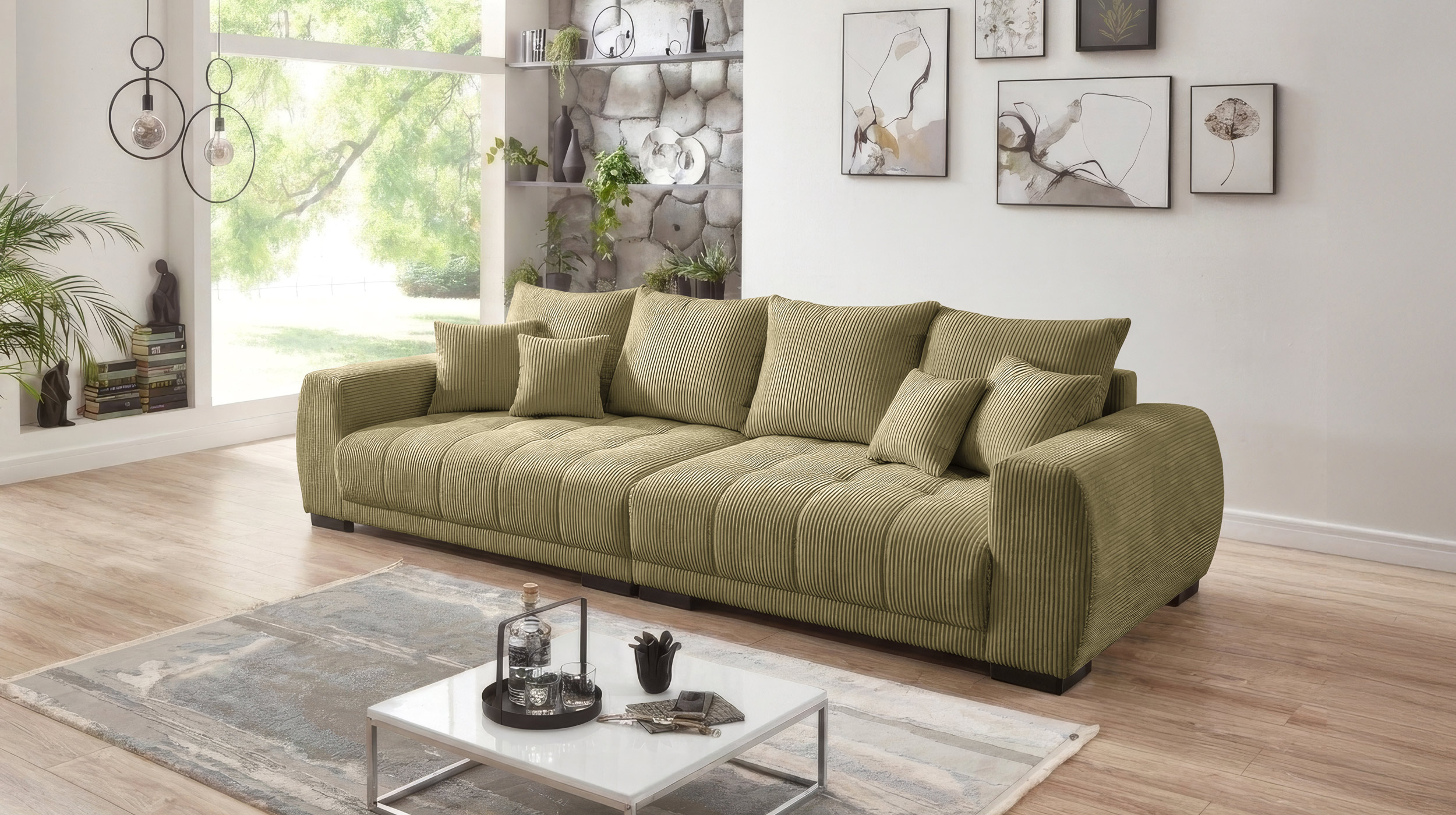 Big Sofa Cord grün mit Nosagunterfederung 300 cm - ARTEMIS