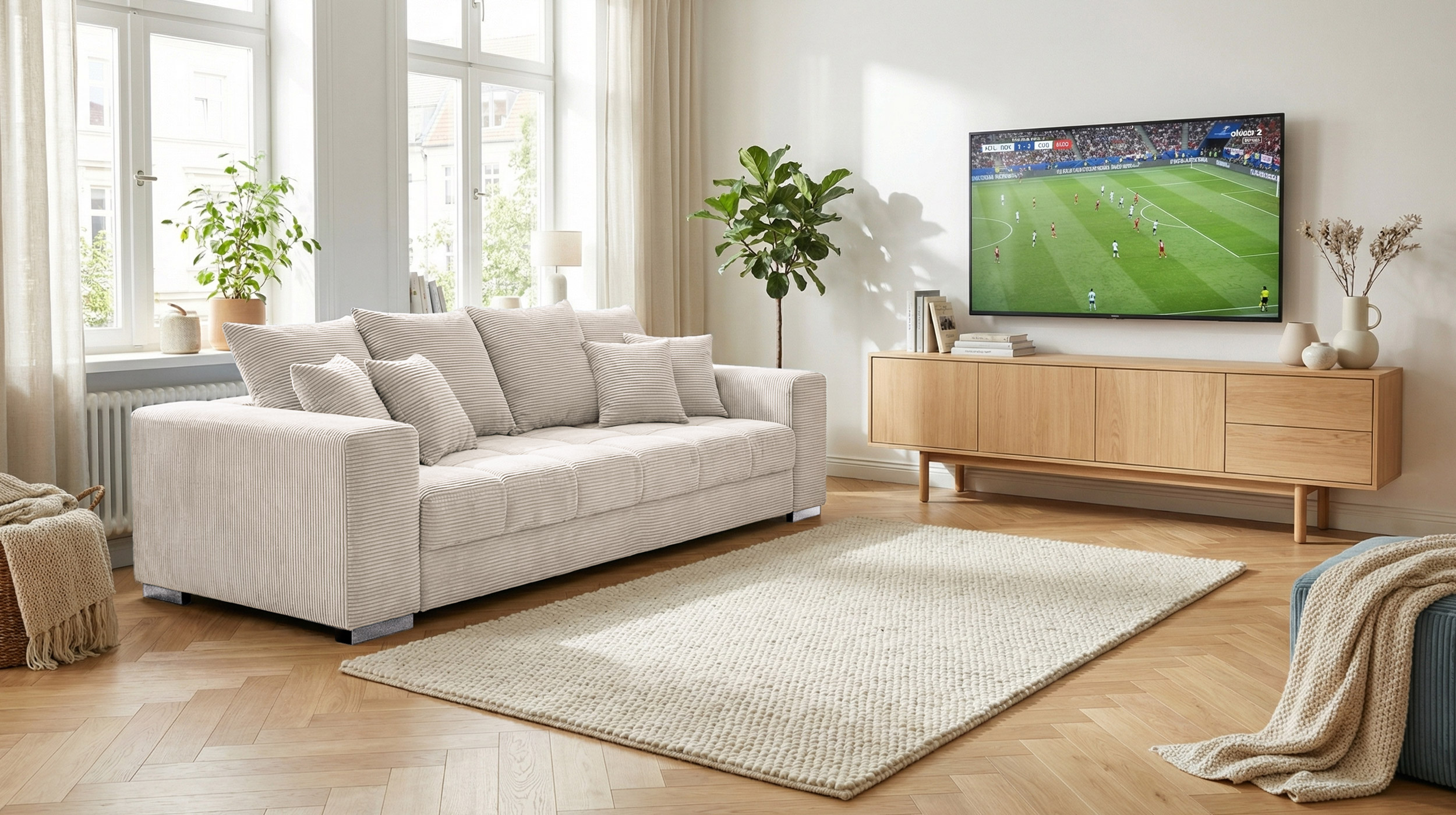 Big Sofa Cord beige - 254 cm - Nosagunterfederung - BORNEO