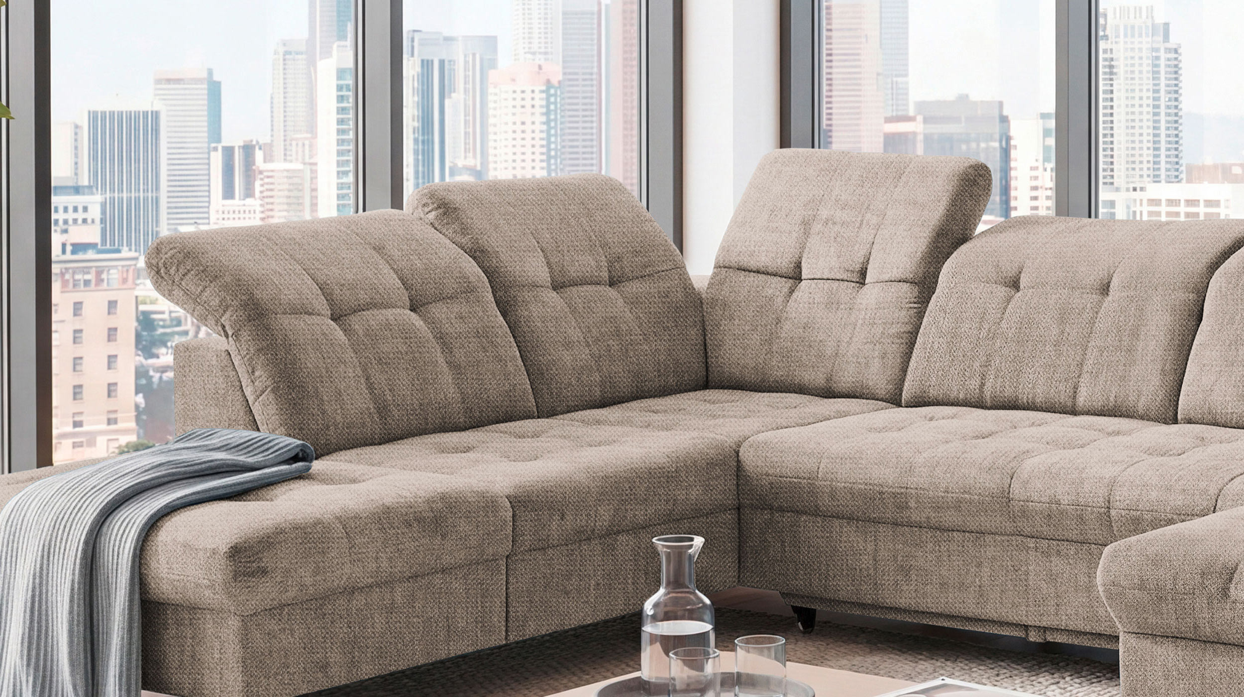 Wohnlandschaft Schlaffunktion Bettkasten Beige-Kaschmir - MERCY