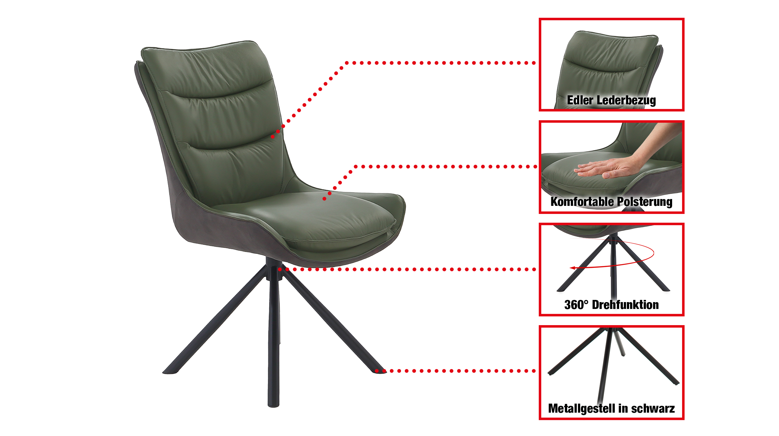 Polsterstuhl Schalenstuhl Echtleder grün - drehbar - MAURICE 