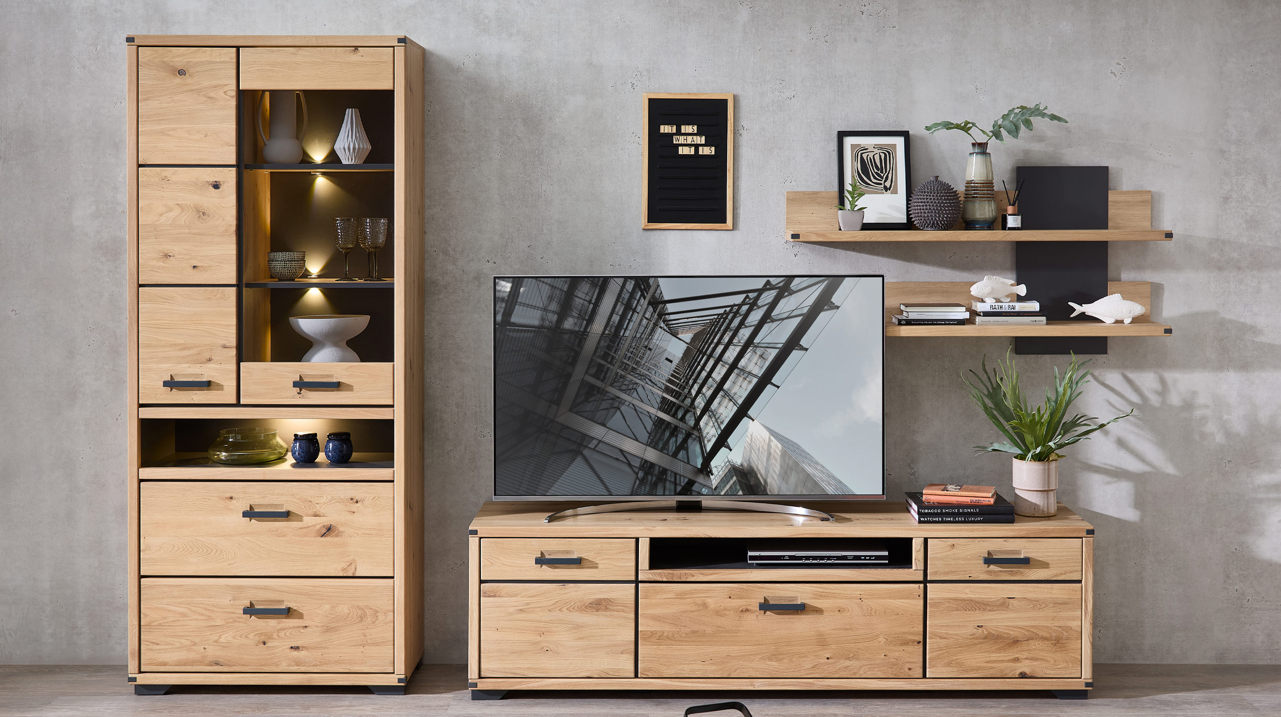 Vitrine mit Beleuchtung Wildeiche teilmassiv Breite 85 cm - CATANIA