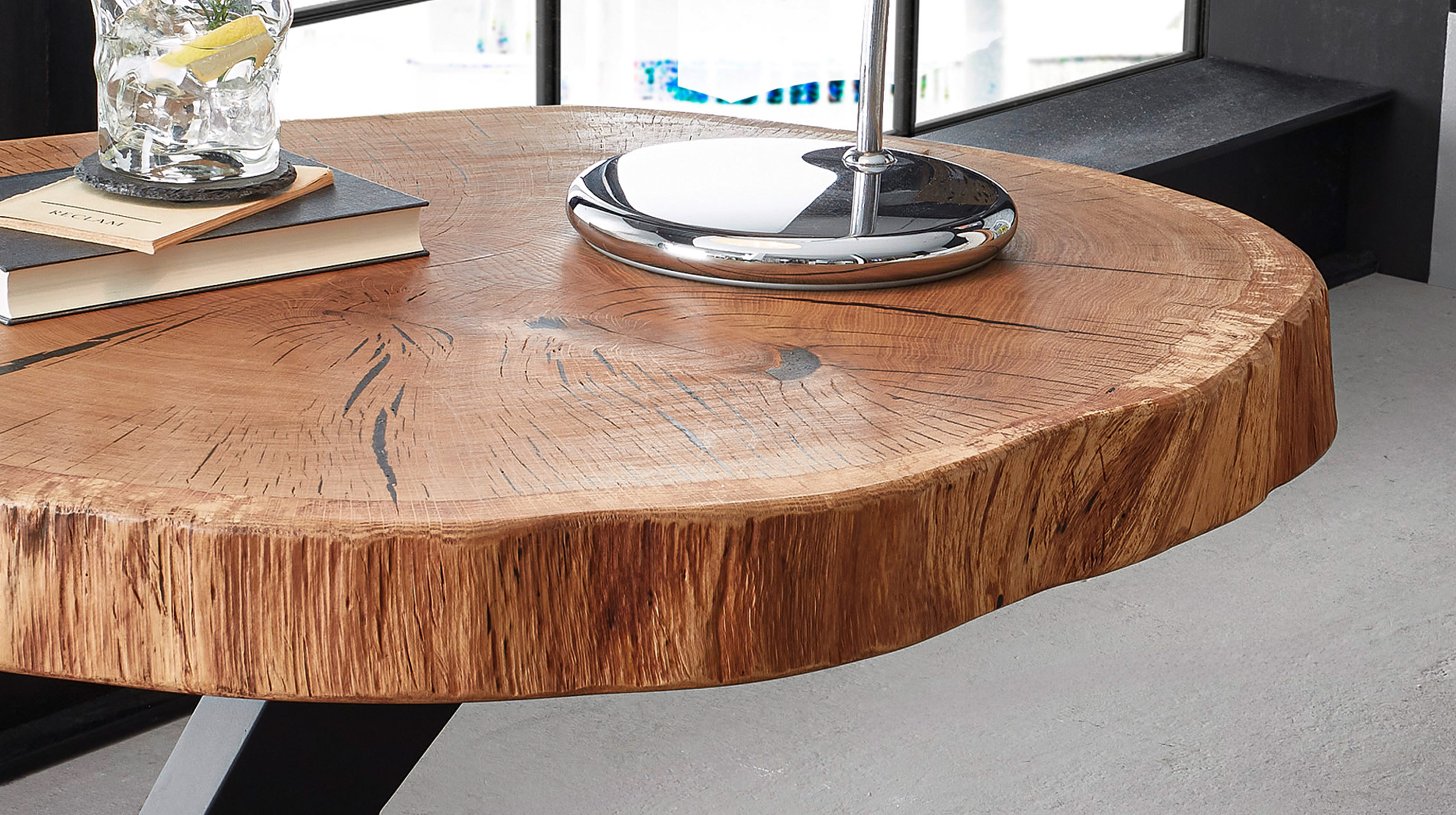 Couchtisch rund Baumscheibe Eiche massiv 75 x 45 cm - BILOXI