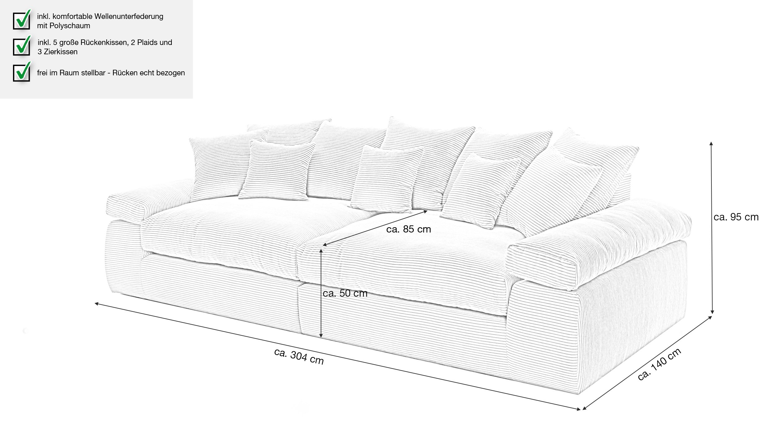 Big Sofa Wellenunterfederung grau-blau 304 cm - BELINDA