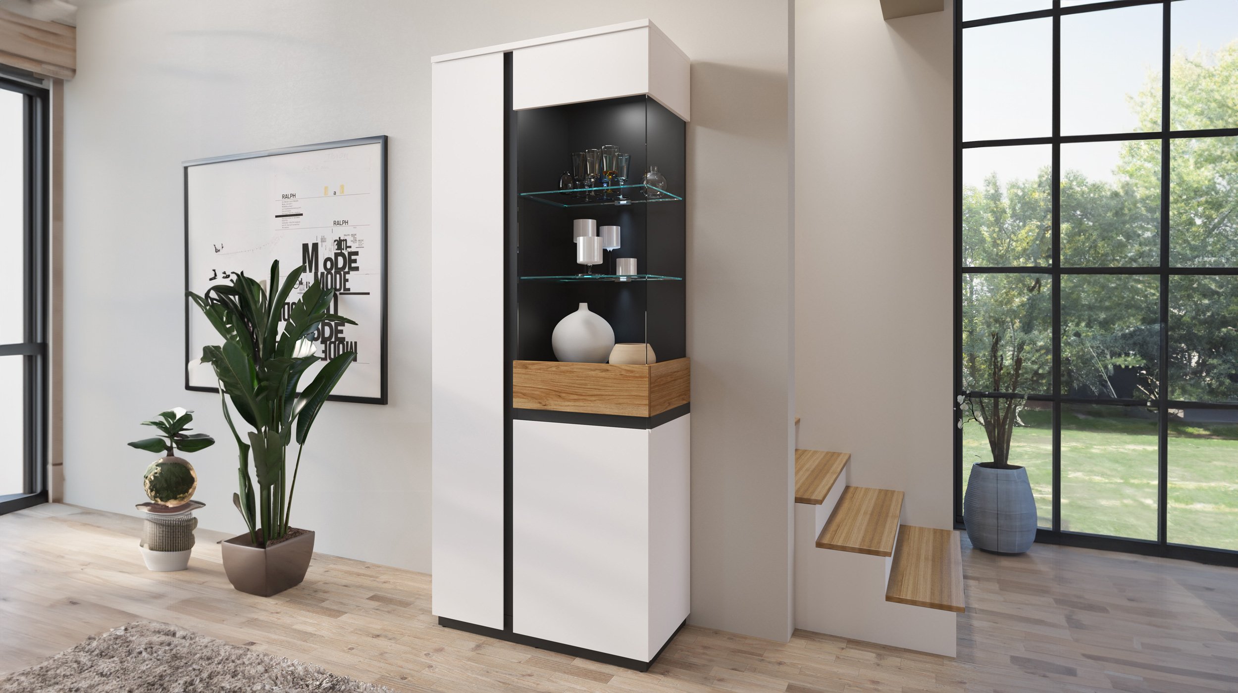 Vitrine mit Glastür alpinweiß - Catania Eiche Breite 84 cm - NOVENA