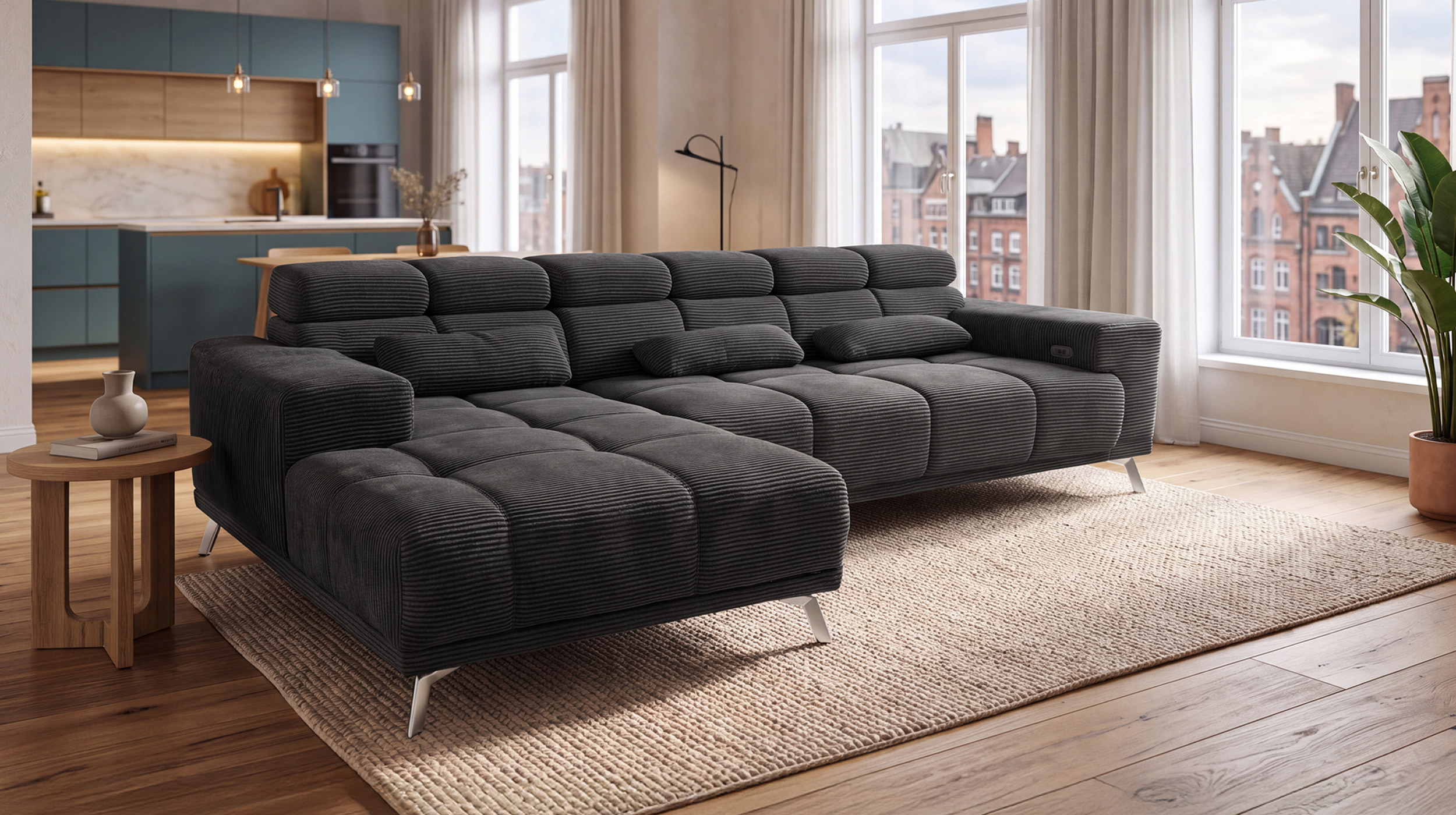 Ecksofa Cord grau elektrisch ausfahrbar 285 cm - OT links - SPEED