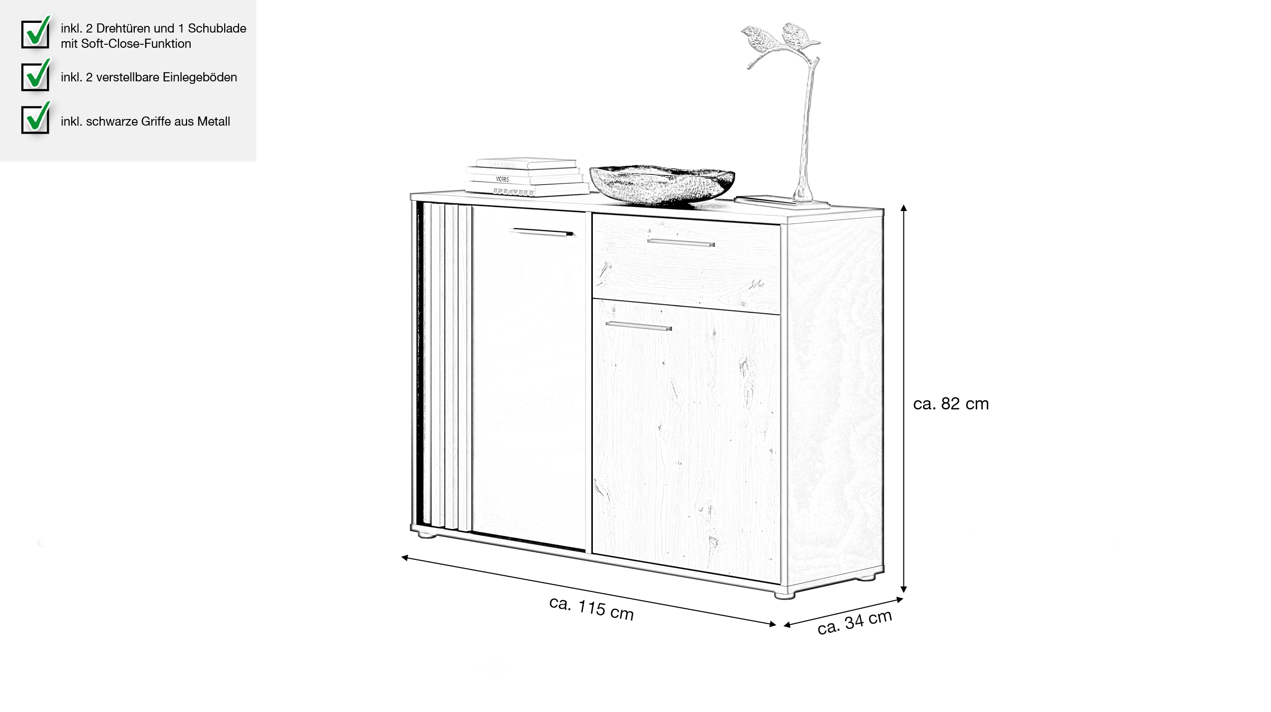 Kommode mit 1 Schublade Artisan Eiche - schwarz 115 x 34 cm - CARDIGAN