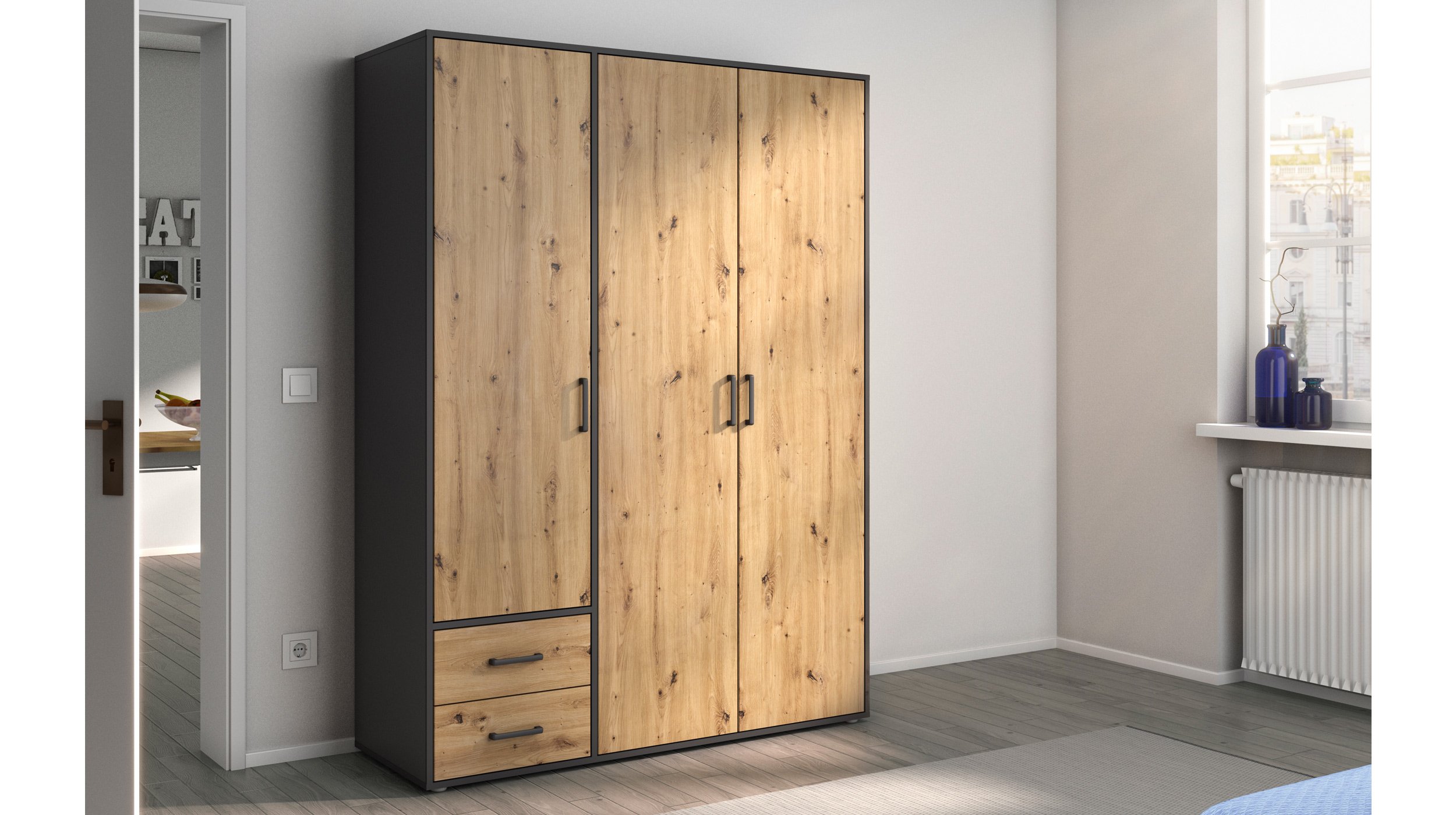 Kleiderschrank Artisan Eiche - grau - 140 cm - rauch - VOYAGER
