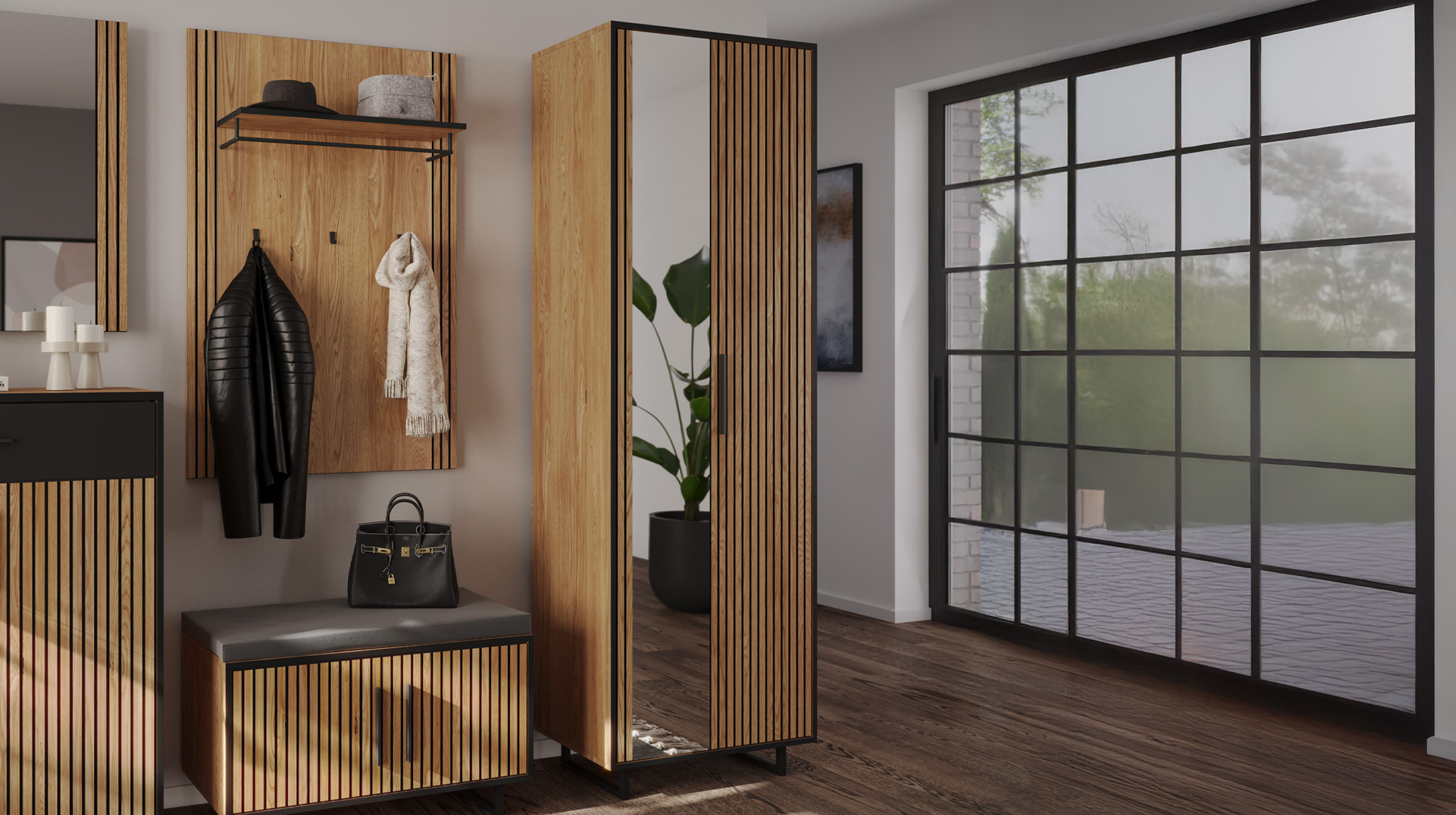 Garderobenschrank mit Spiegel Eiche teilmassiv geölt 70 cm - BELLA Garderobenschrank mit Spiegel Eiche teilmassiv geölt 70 cm - BELLA