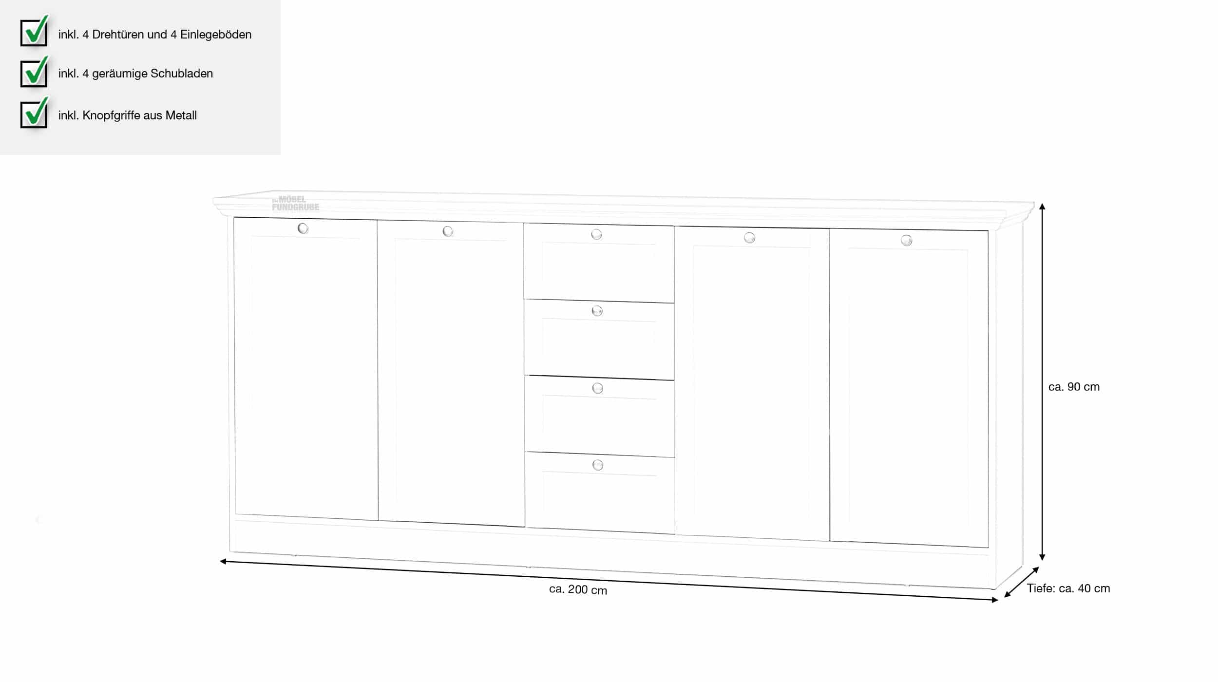 Sideboard mit 4 Schubladen weiß 200 cm - LANDWOOD