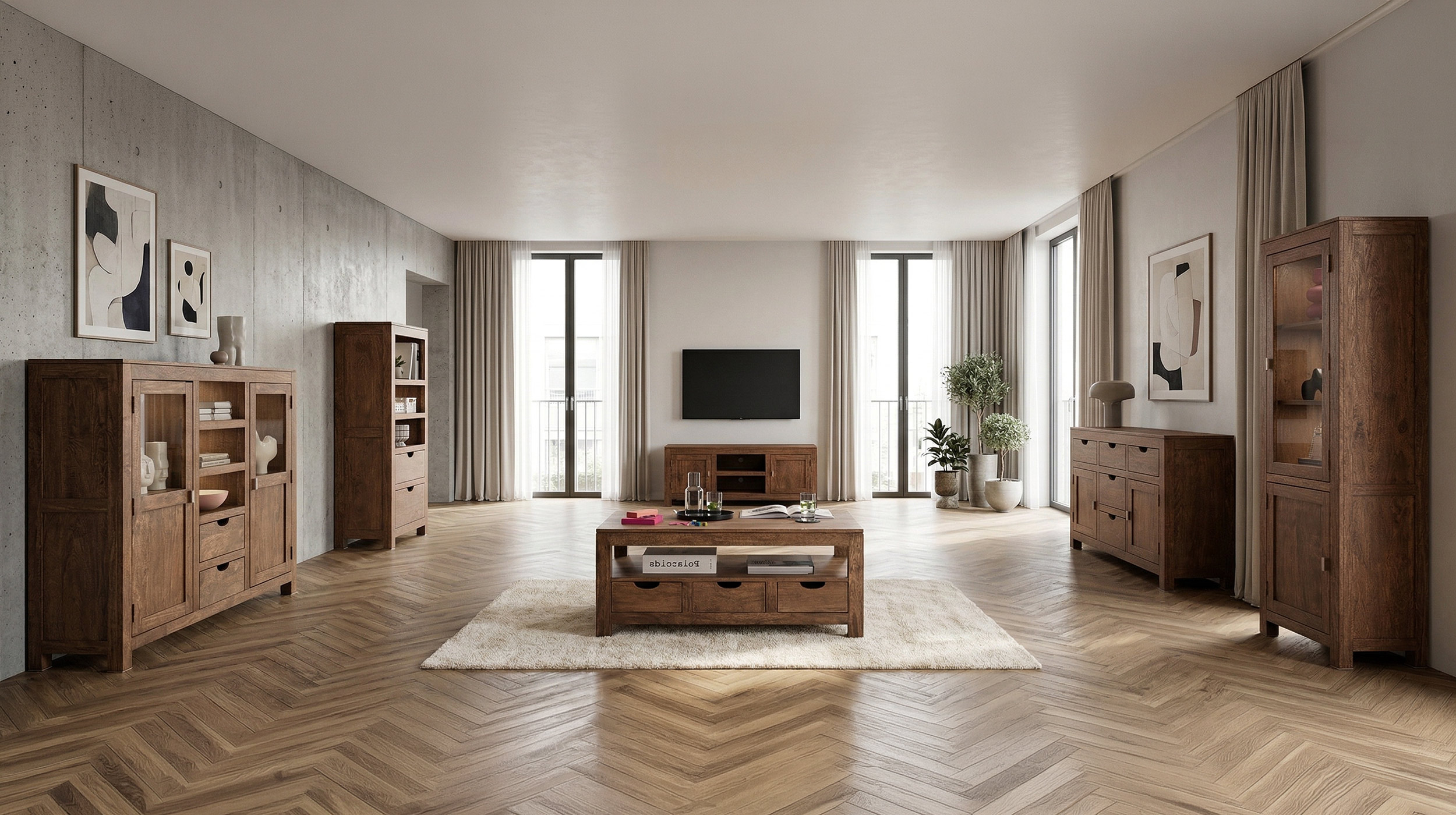 TV-Lowboard Mango massiv gebeizt montiert 145 cm - MANGALA