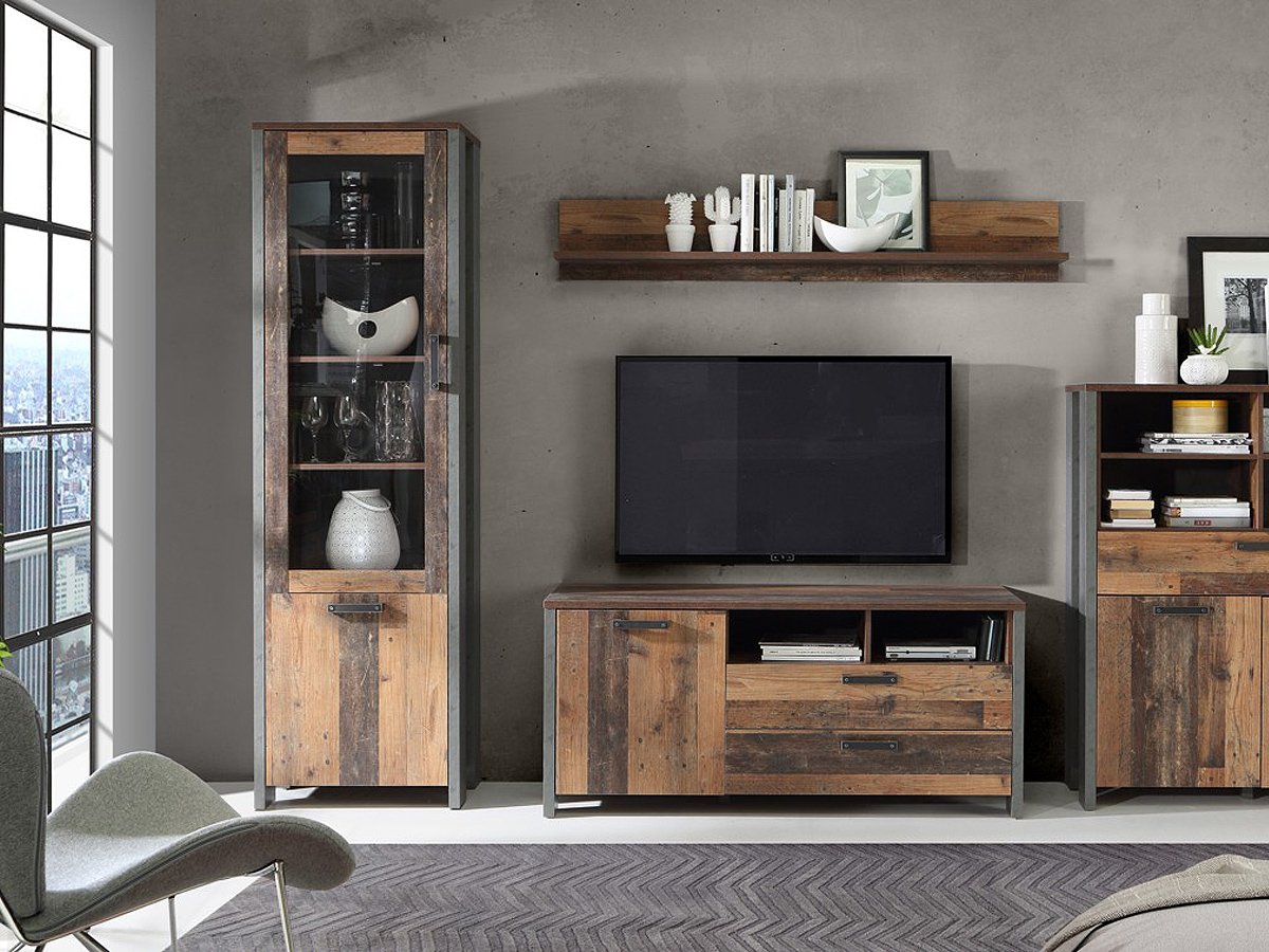 Vitrine mit Glastür Old Wood - Beton - grau Breite 62 cm - CLIF