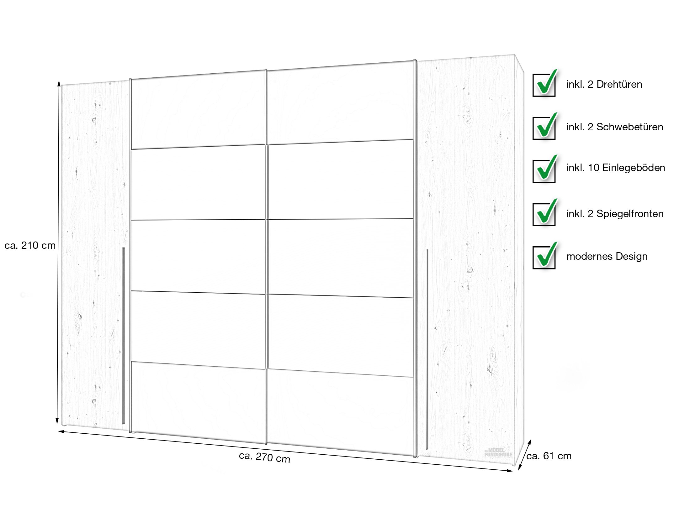 Kleiderschrank mit Spiegel - Artisan Eiche - 270 cm - RAYONG