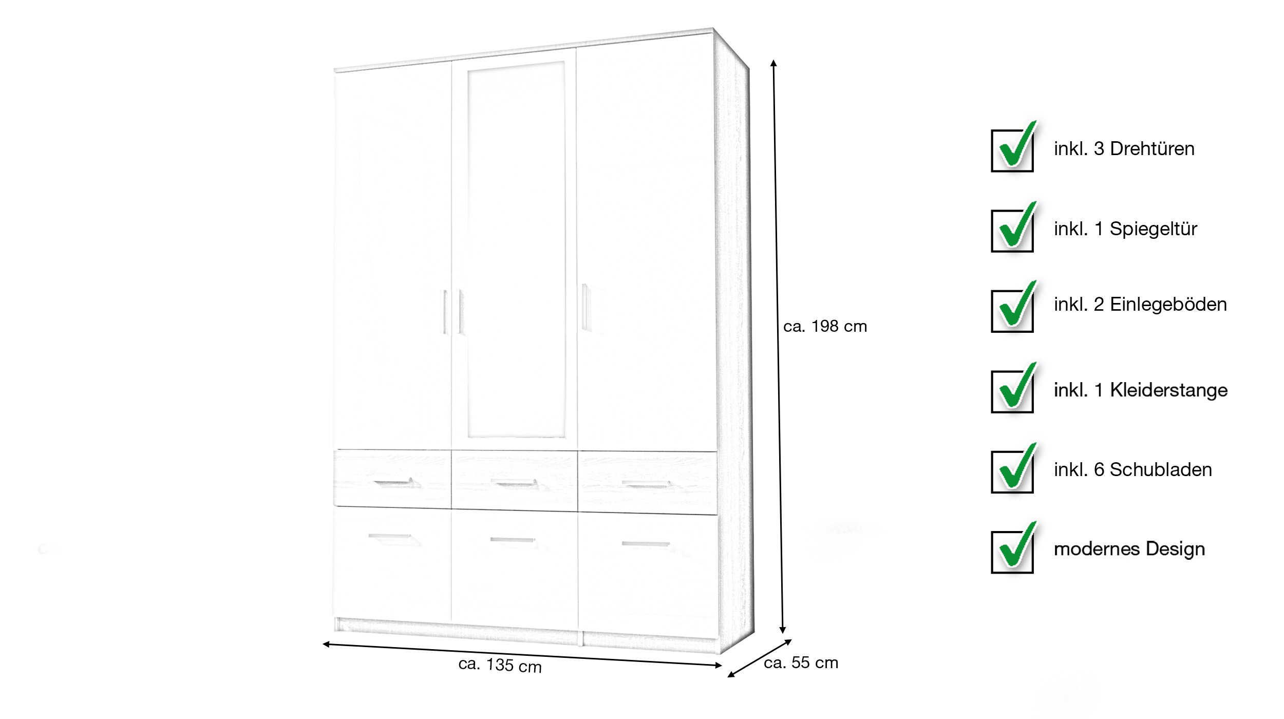 Kleiderschrank mit Spiegel - Sonoma Eiche - weiß - 135 cm - BOX