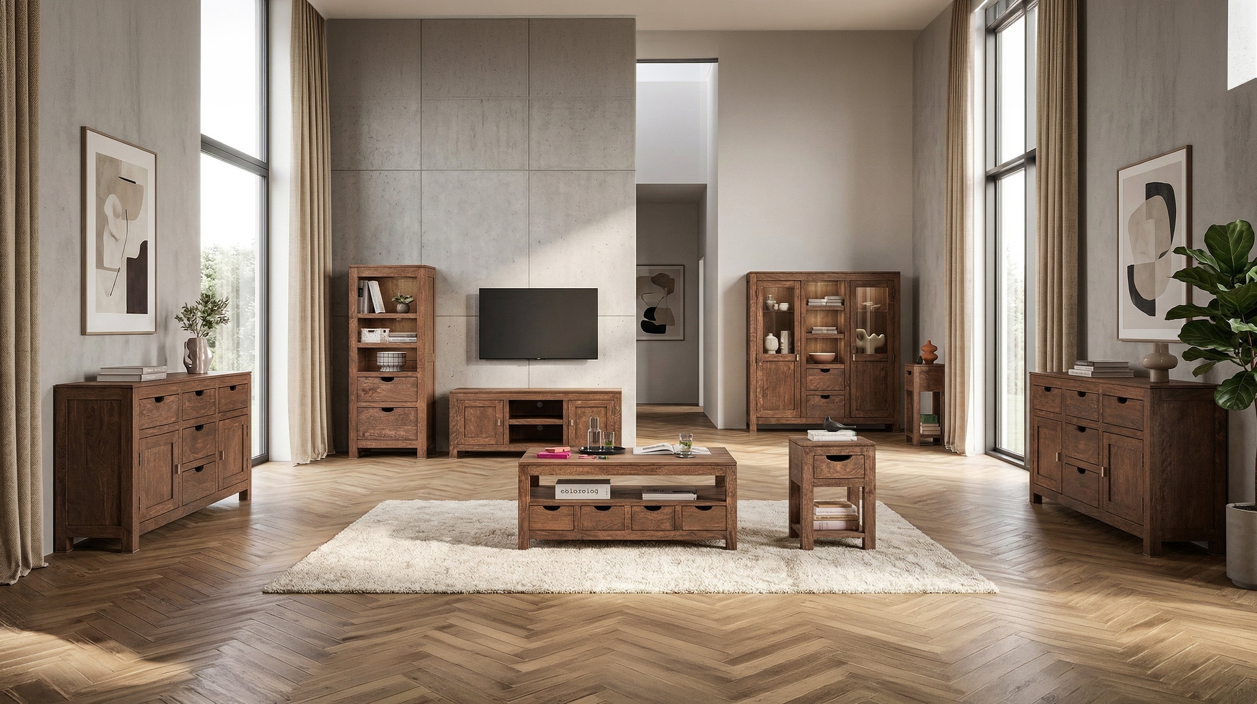 Highboard Mango massiv gebeizt montiert - Glastüren - MANGALA