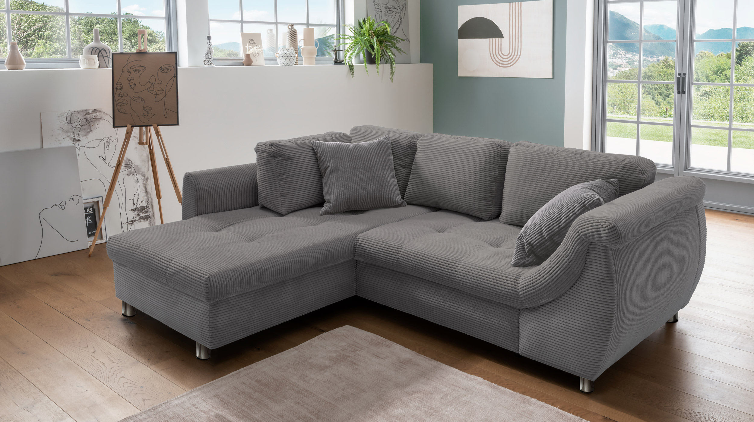 Ecksofa Cord grau Schlaffunktion Bettkasten OT links - LUNARO