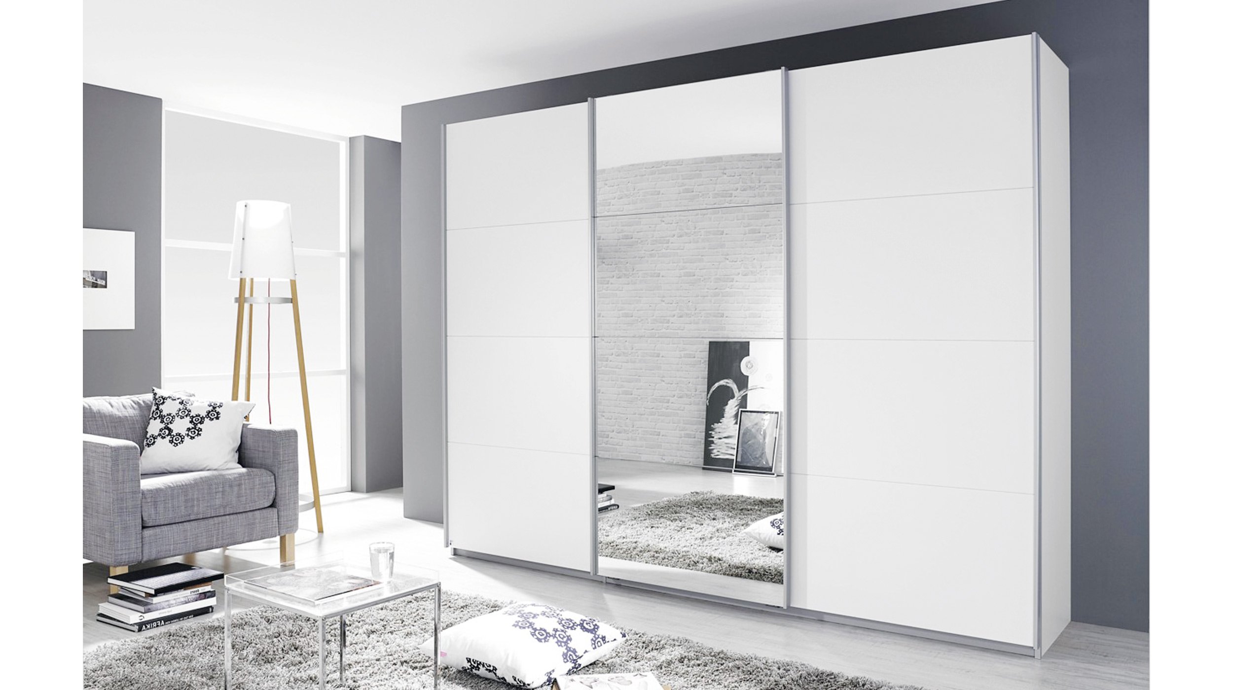 Schwebetürenschrank weiß 271 cm Spiegel - rauch - KULMBACH