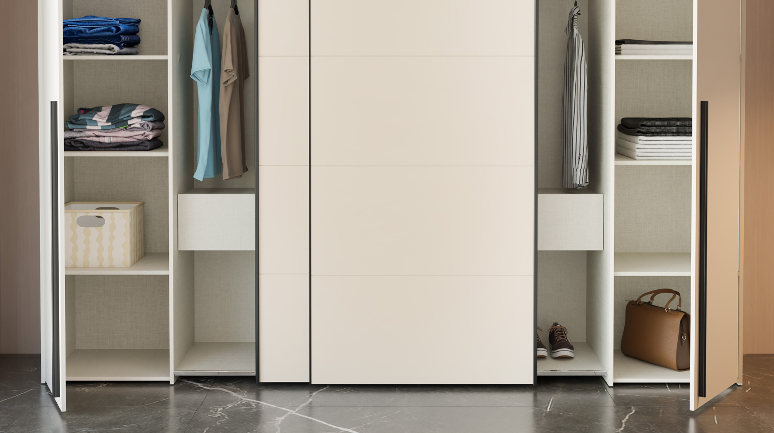 Kleiderschrank beige - 270 cm - Schwebetüren - mit 2 Schubladen - NARAGO