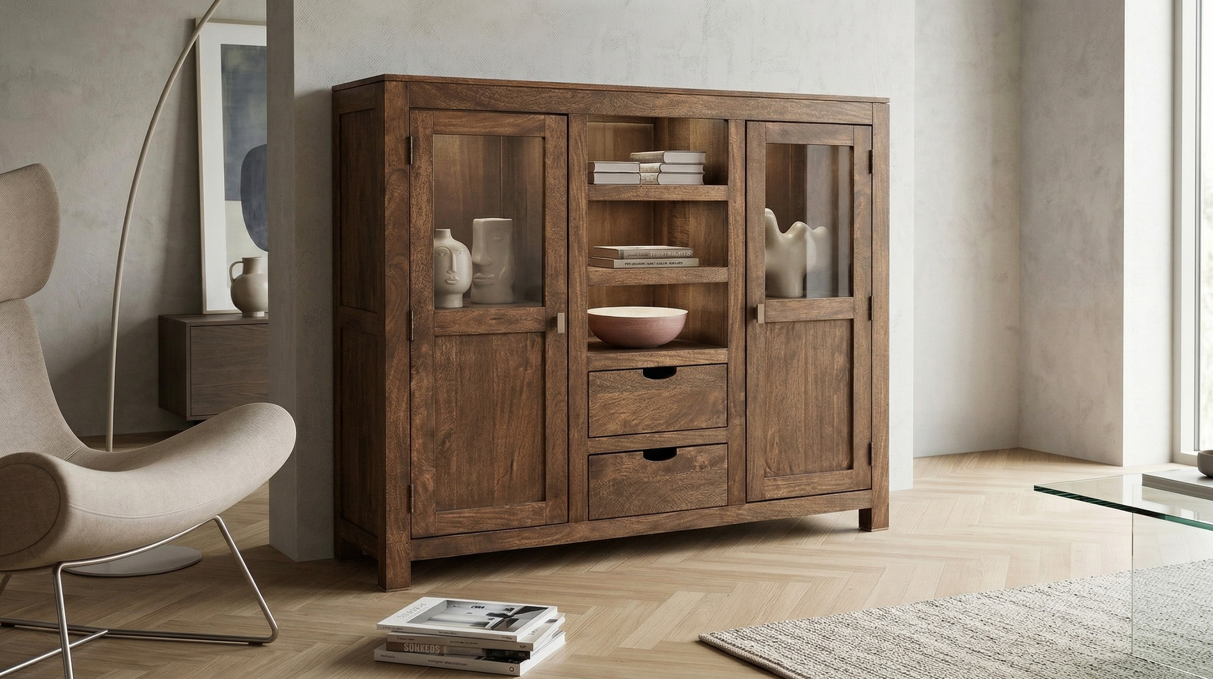 Highboard Mango massiv gebeizt montiert - Glastüren - MANGALA