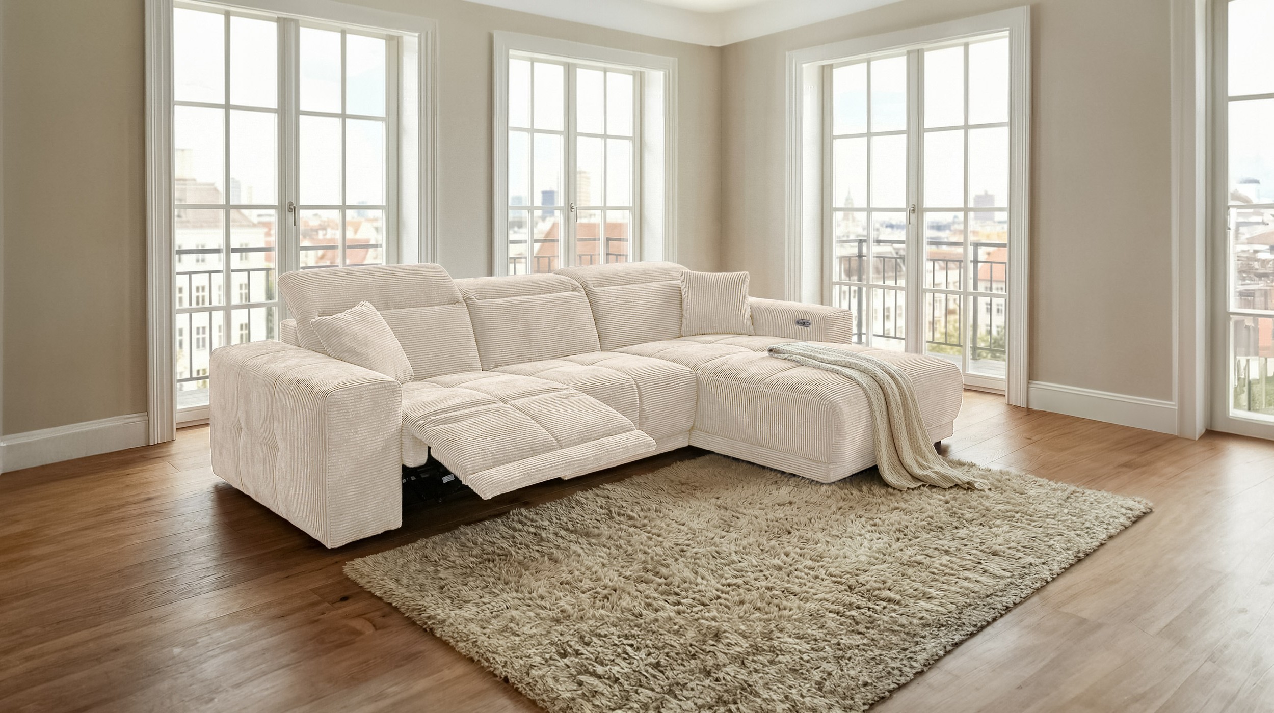 Ecksofa Cord beige 302 x 167 cm mit Relaxfunktion - OT rechts - TONI