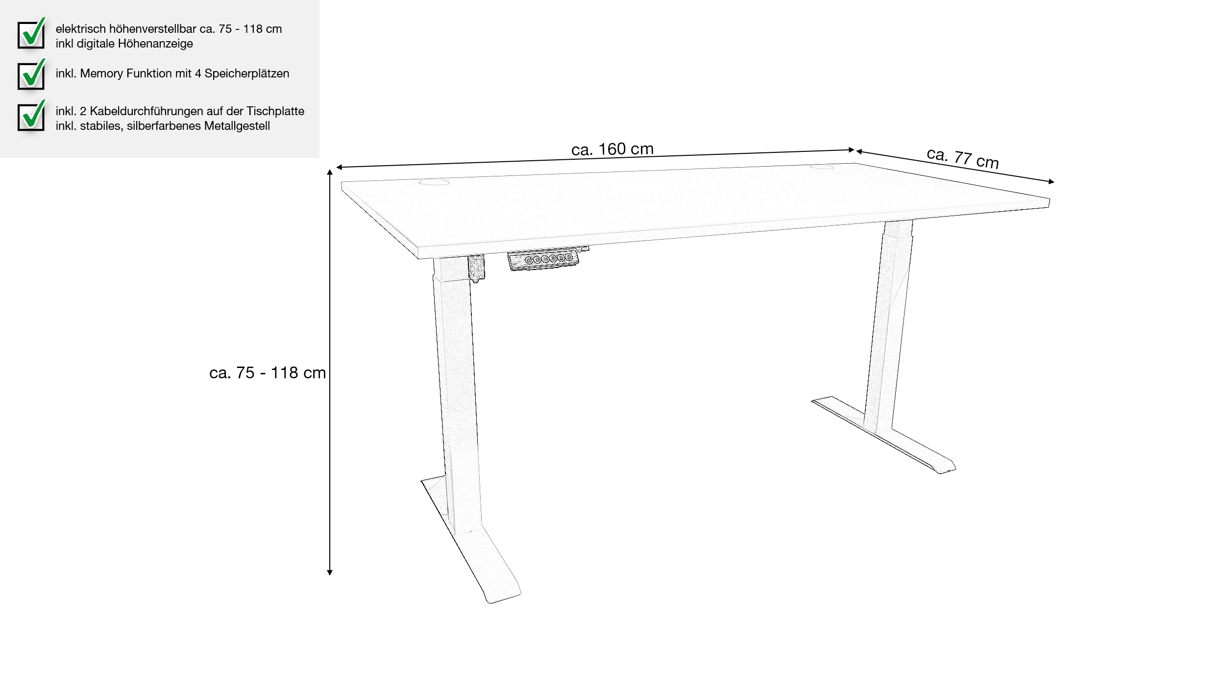 Computerschreibtisch grau 160 cm höhenverstellbar - PRONTO