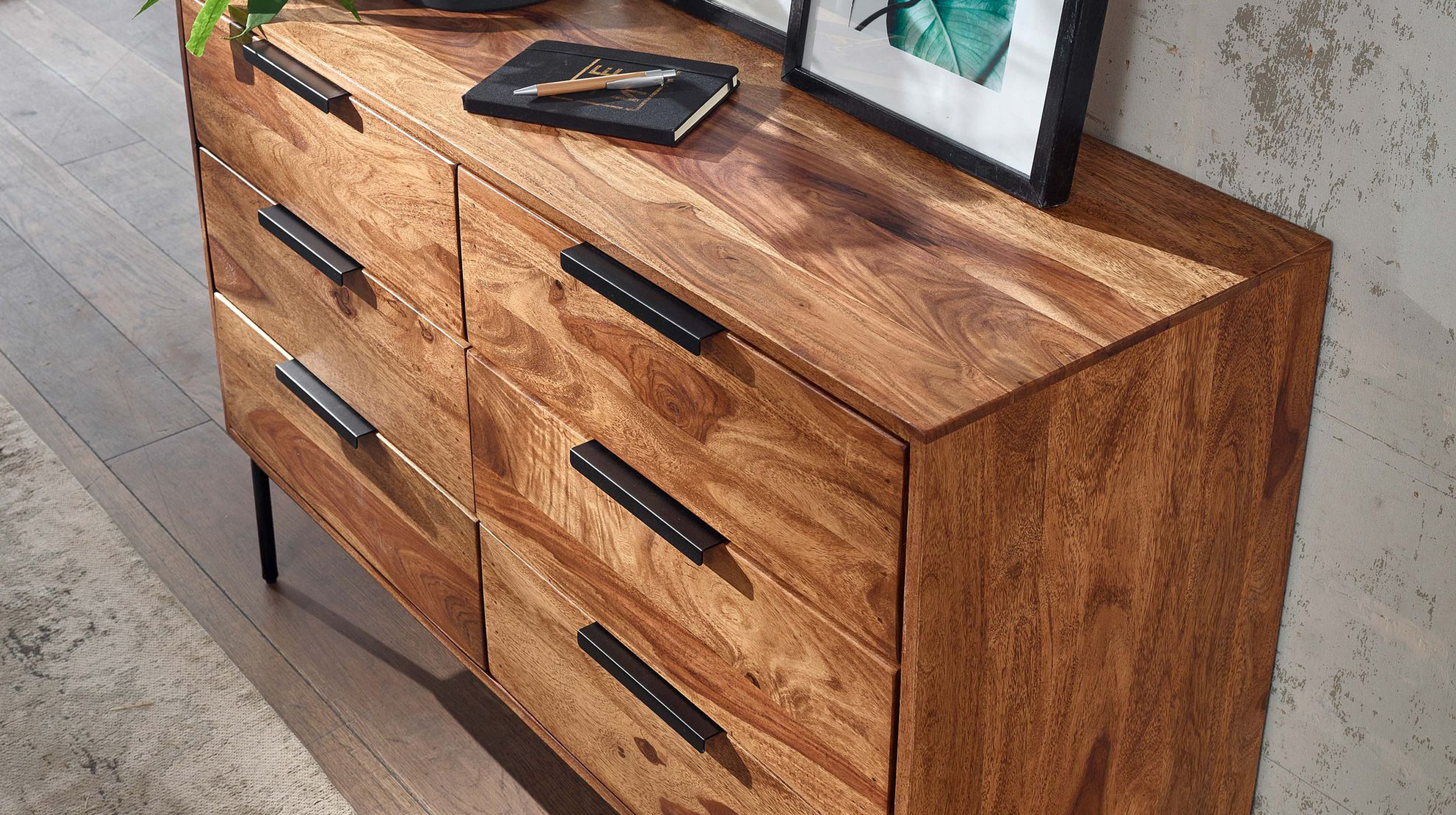 Kommode mit 6 Schubladen Sheesham massiv gebeizt 117 x 42 cm - SVANTE