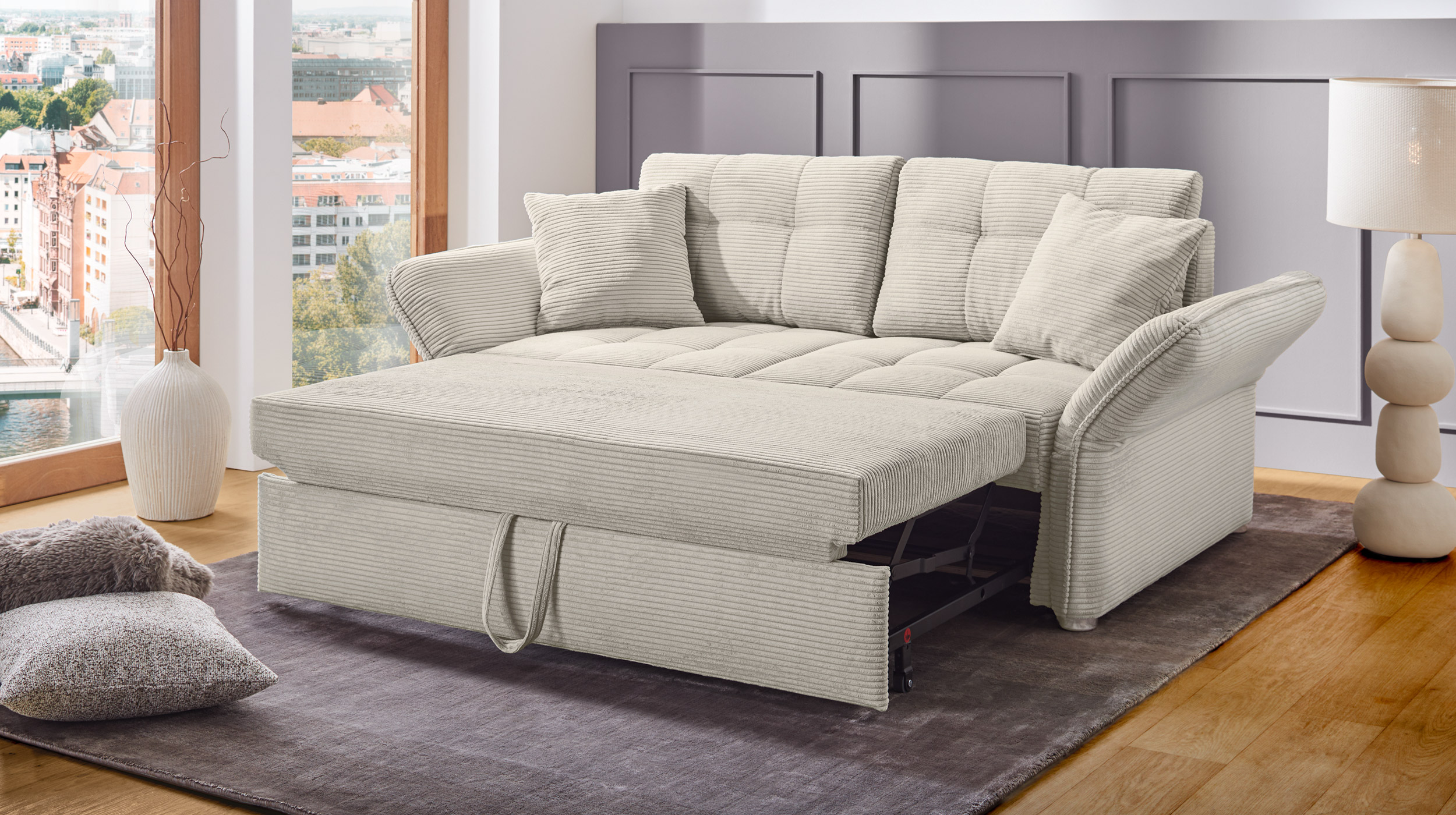 Schlafsofa Cord beige ausziehbar 167 x 105 cm - LEON