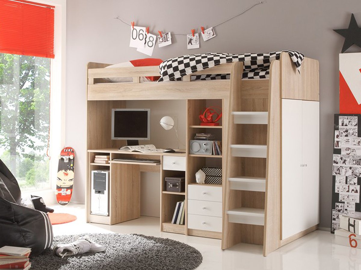 Hochbett mit Schreibtisch 90 x 200 cm Sonoma Eiche - weiß Kinderbett - UNIT