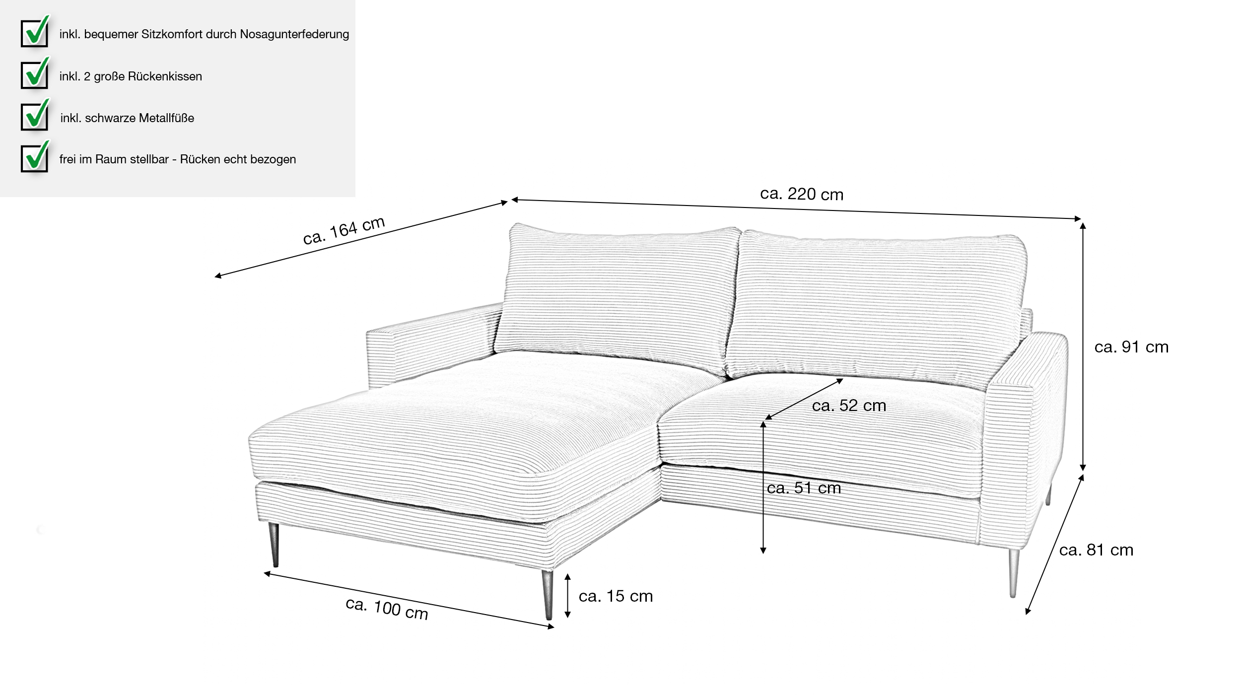 Ecksofa Cord creme 220 x 164 cm - OT links - NORDVIK