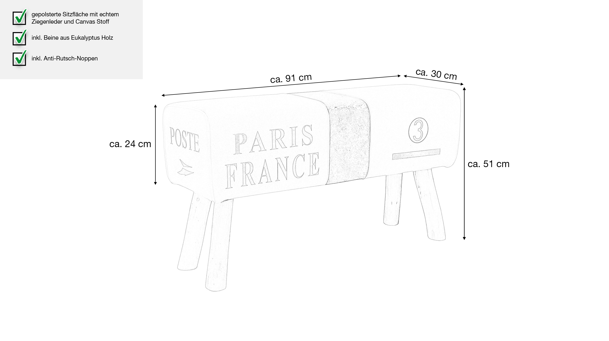 Sitzbank 91 cm Stoffbezug beige Eukalyptus massiv - CARLAS
