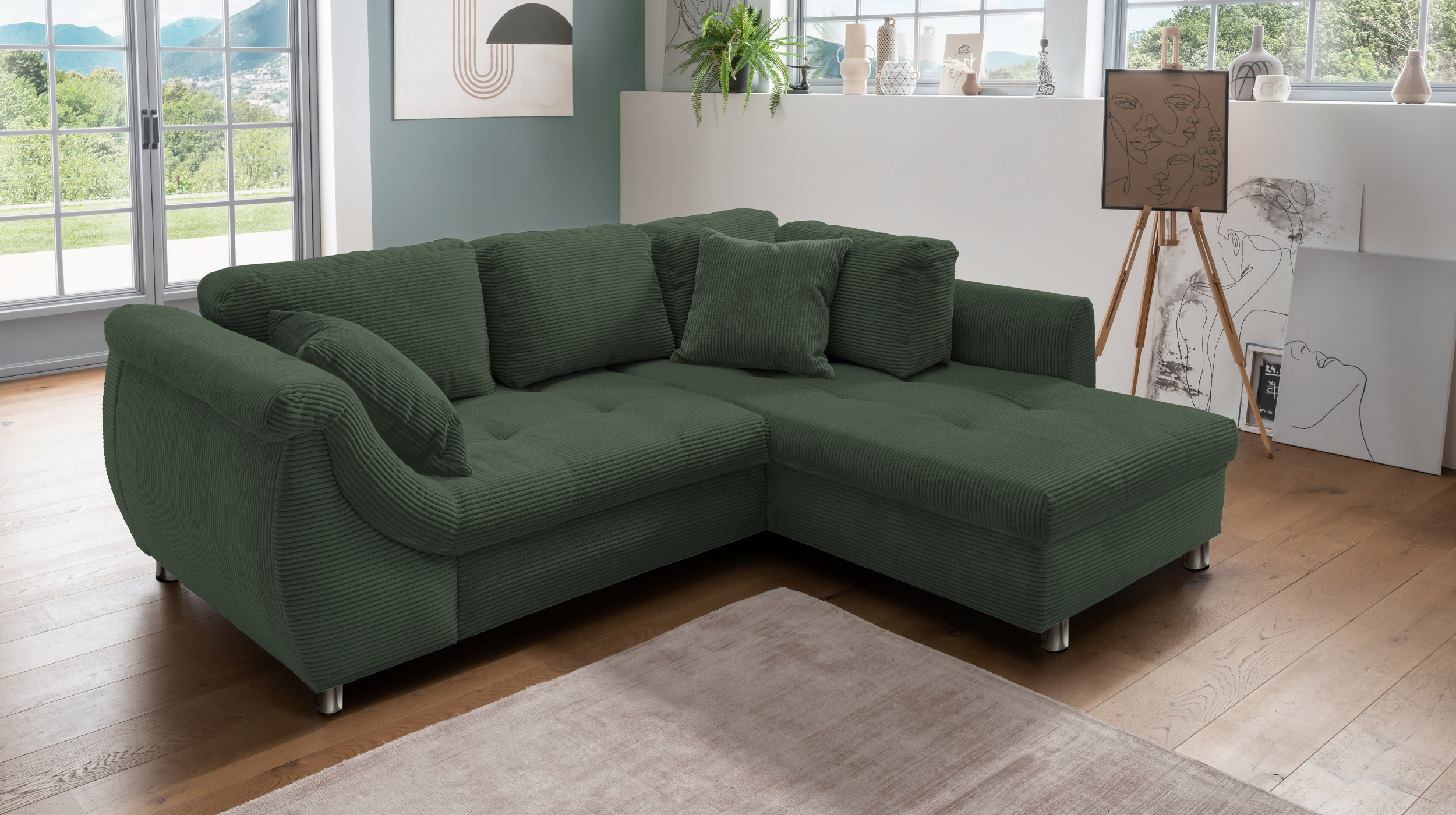 Ecksofa Cord grün Schlaffunktion OT rechts - LUNARO