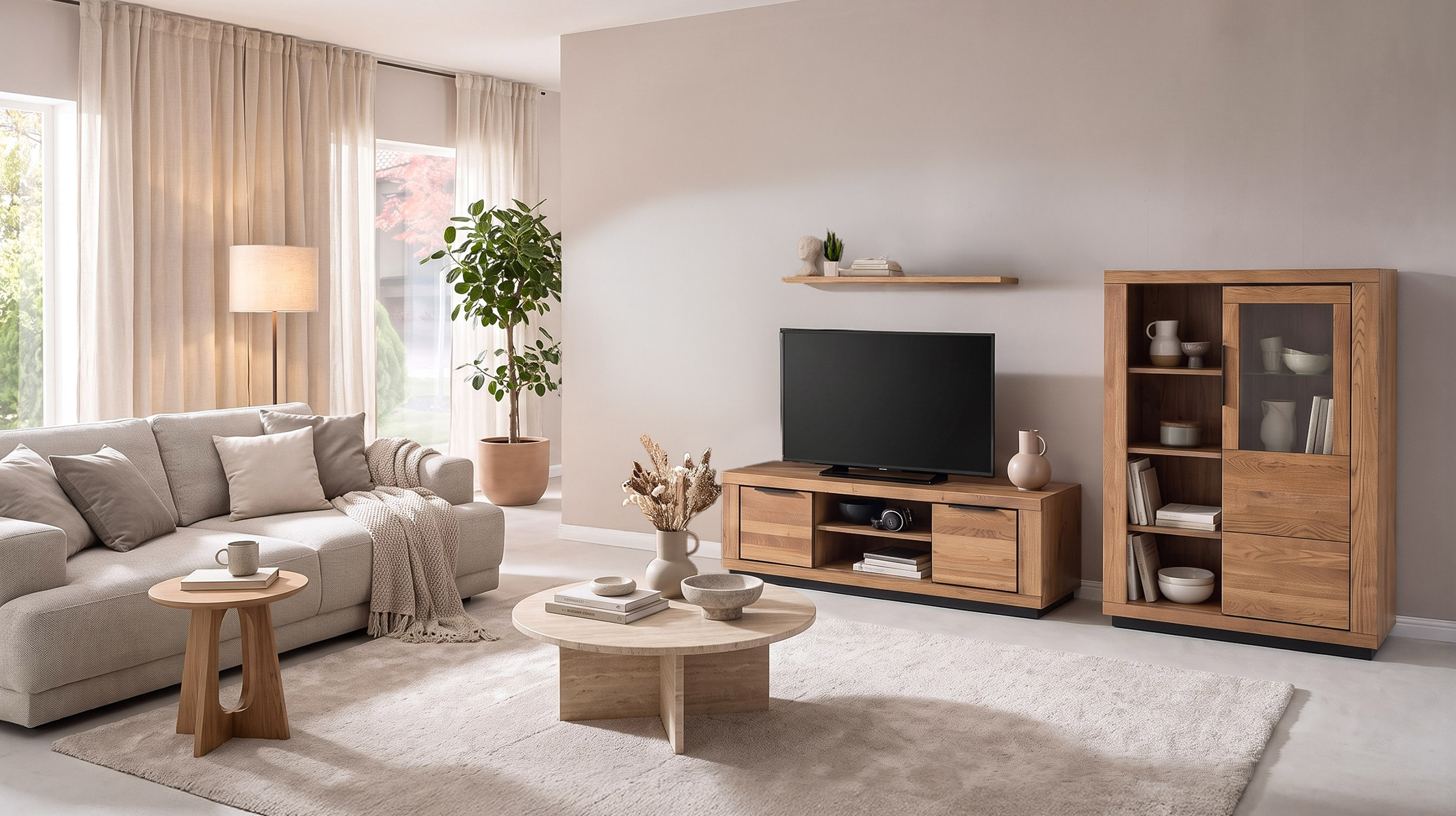 Wohnzimmer-Set Wildeiche 3-teilig mit Highboard und TV-Lowboard - GRENO