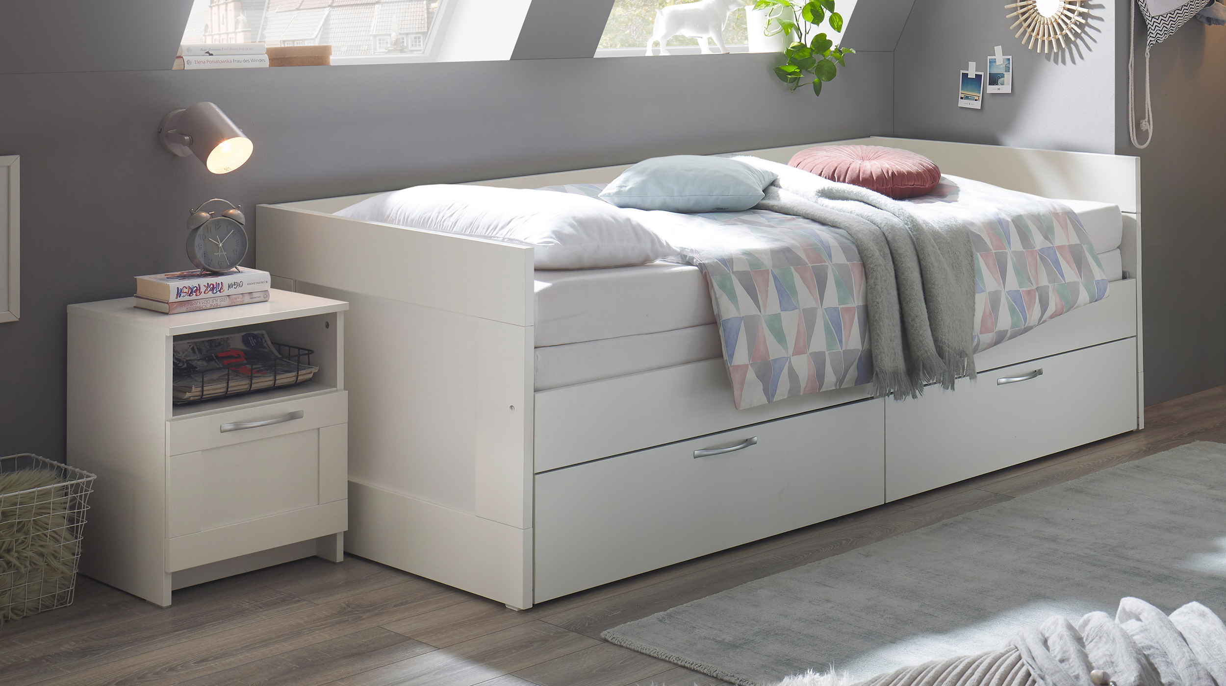 Jugendbett ausziehbar mit Schubladen weiß 90 x 200 cm - SALIAS