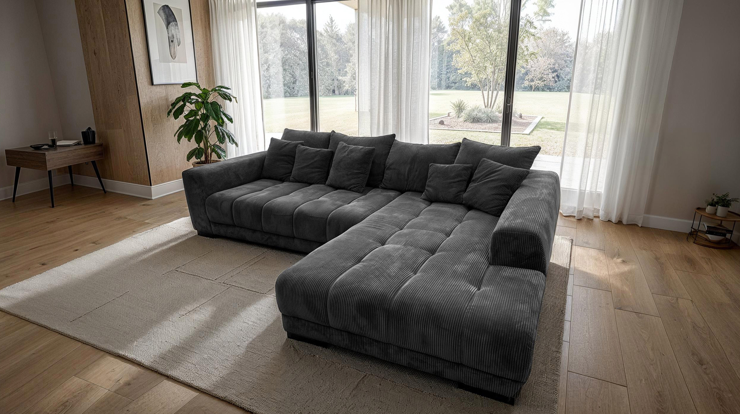Ecksofa Cord grau elektrisch ausfahrbar 300 cm - OT rechts - ARTEMIS
