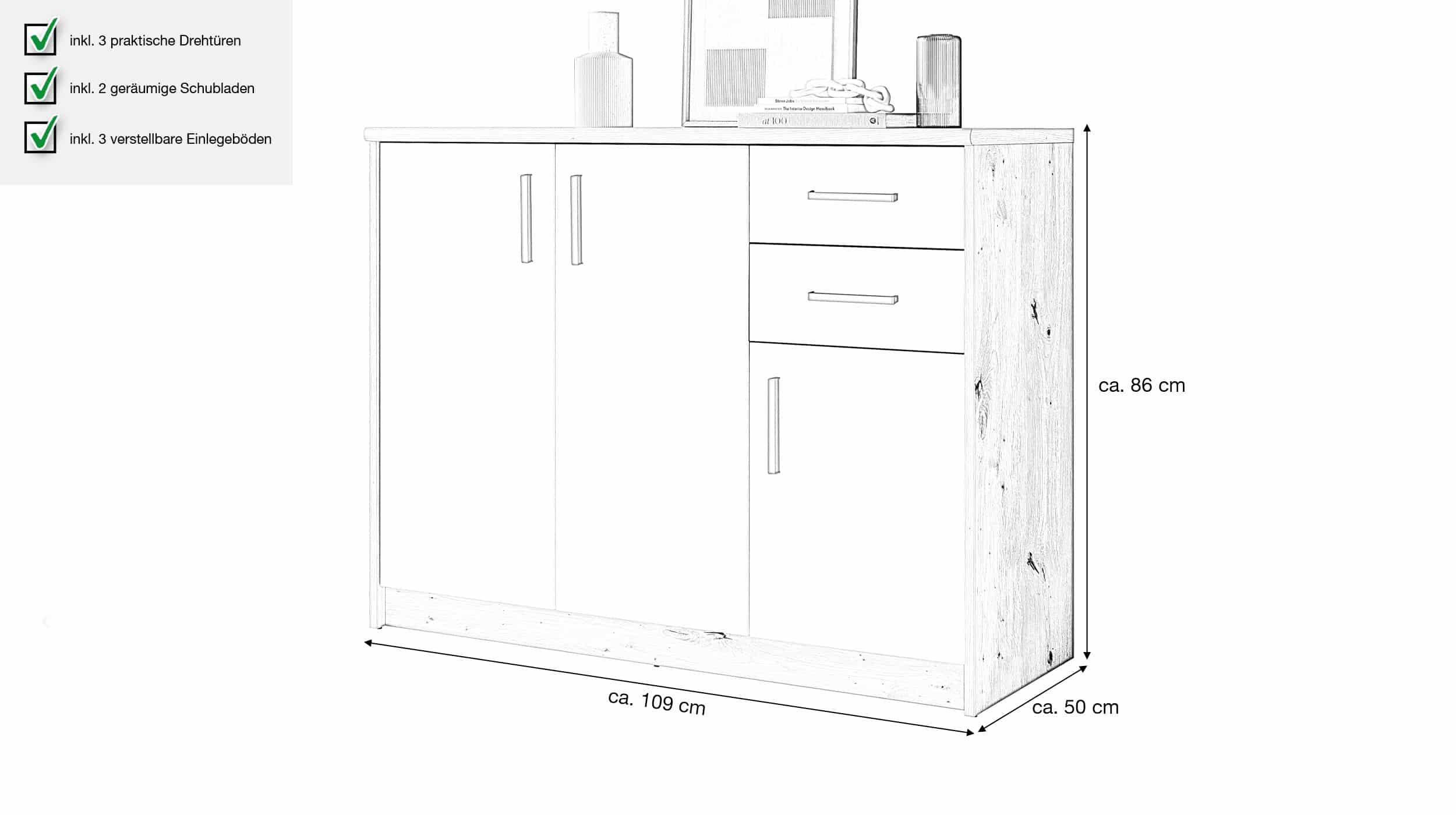 Kommode mit 2 Schubladen beige - Artisan Eiche 109 x 50 cm - NELLY