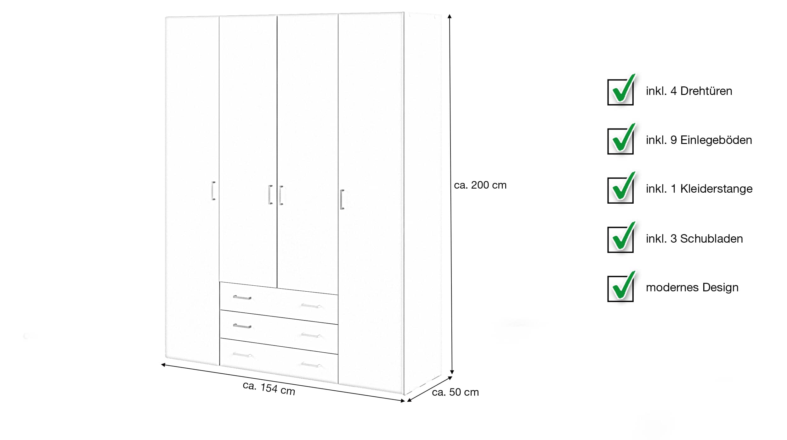 Kleiderschrank mit 3 Schubladen 4-türig weiß 154 cm - SPACE