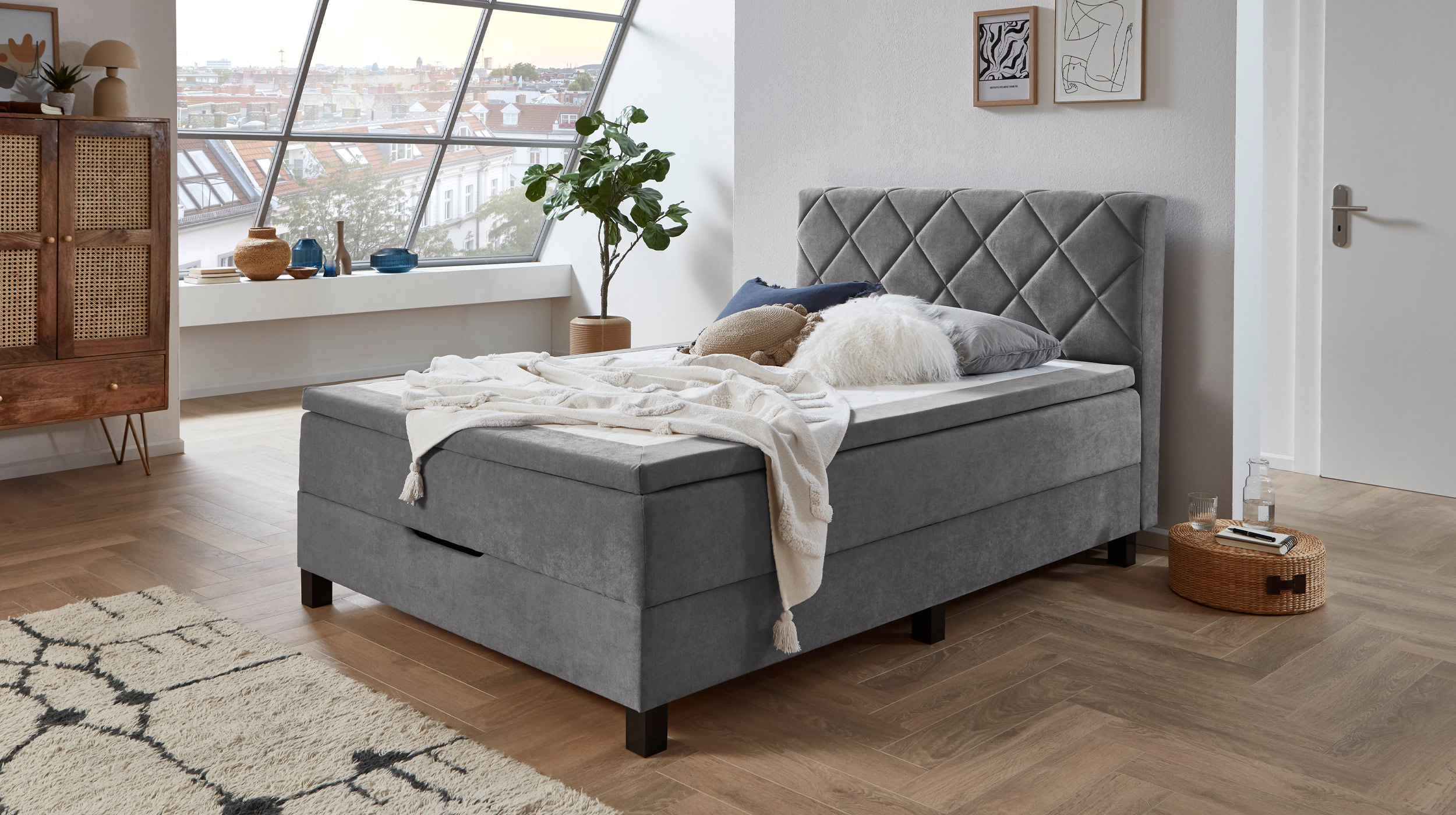 Boxbett 140 x 200 cm grau mit Bettkasten - JEFF