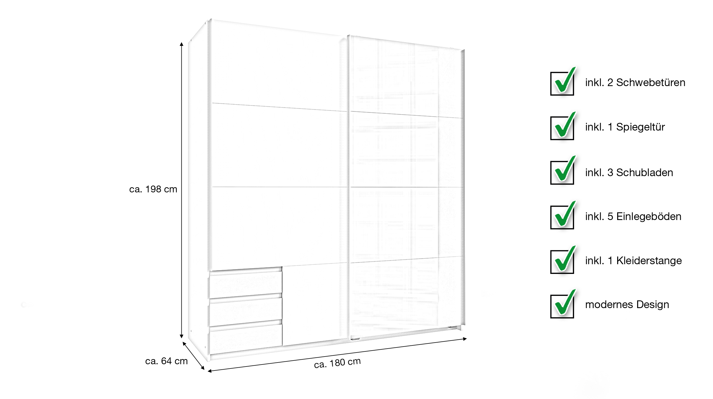 Schwebetürenschrank mit Spiegel weiß - Betonoptik 180 cm - EMDEN