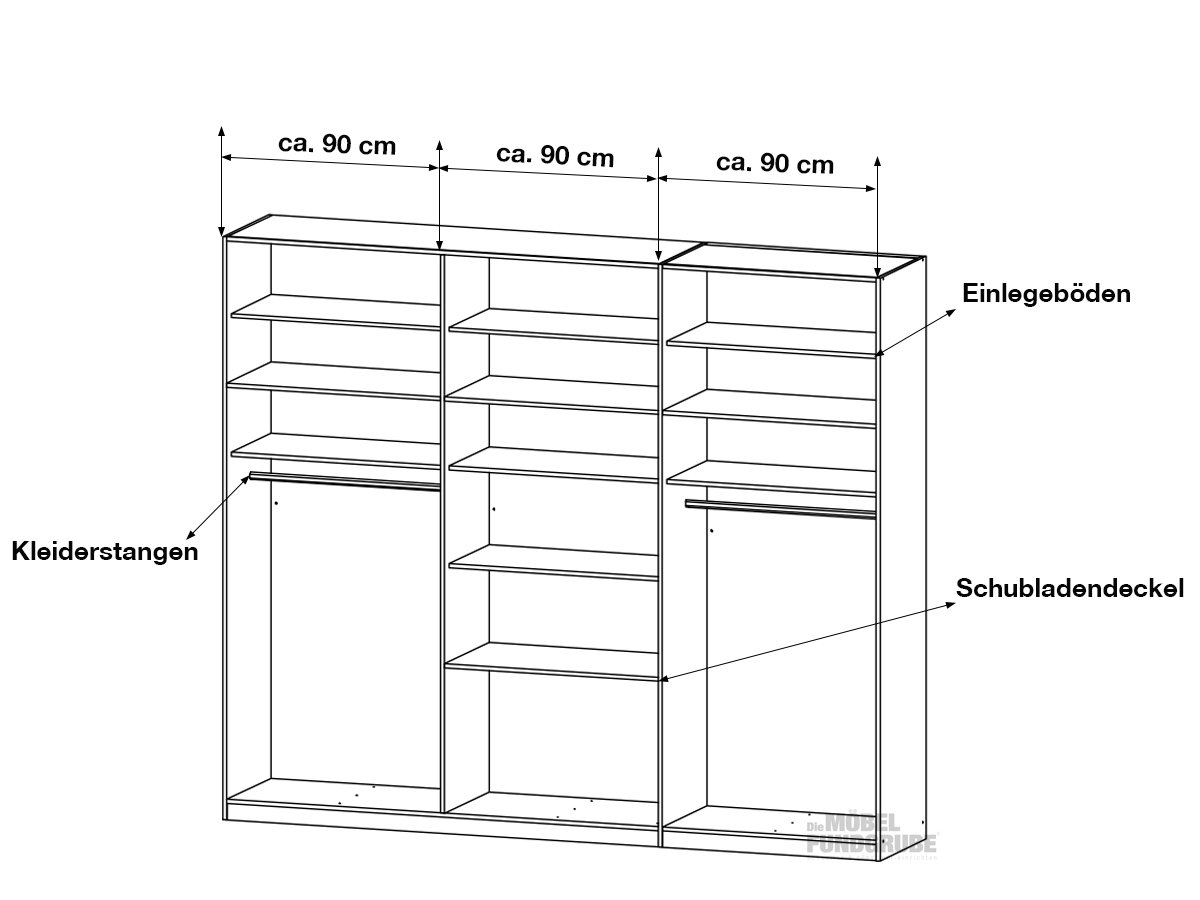 Kleiderschrank mit Spiegel - weiß - 271 cm - rauch - HILDESHEIM